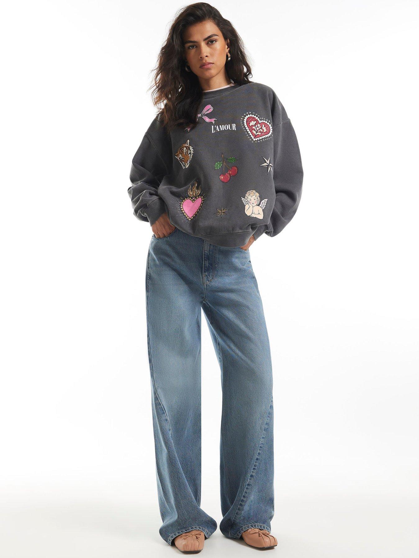 Image 3 of 6 of River Island Womens Hotfix Graphic Long Sleeve Sweatshirt - Grey
