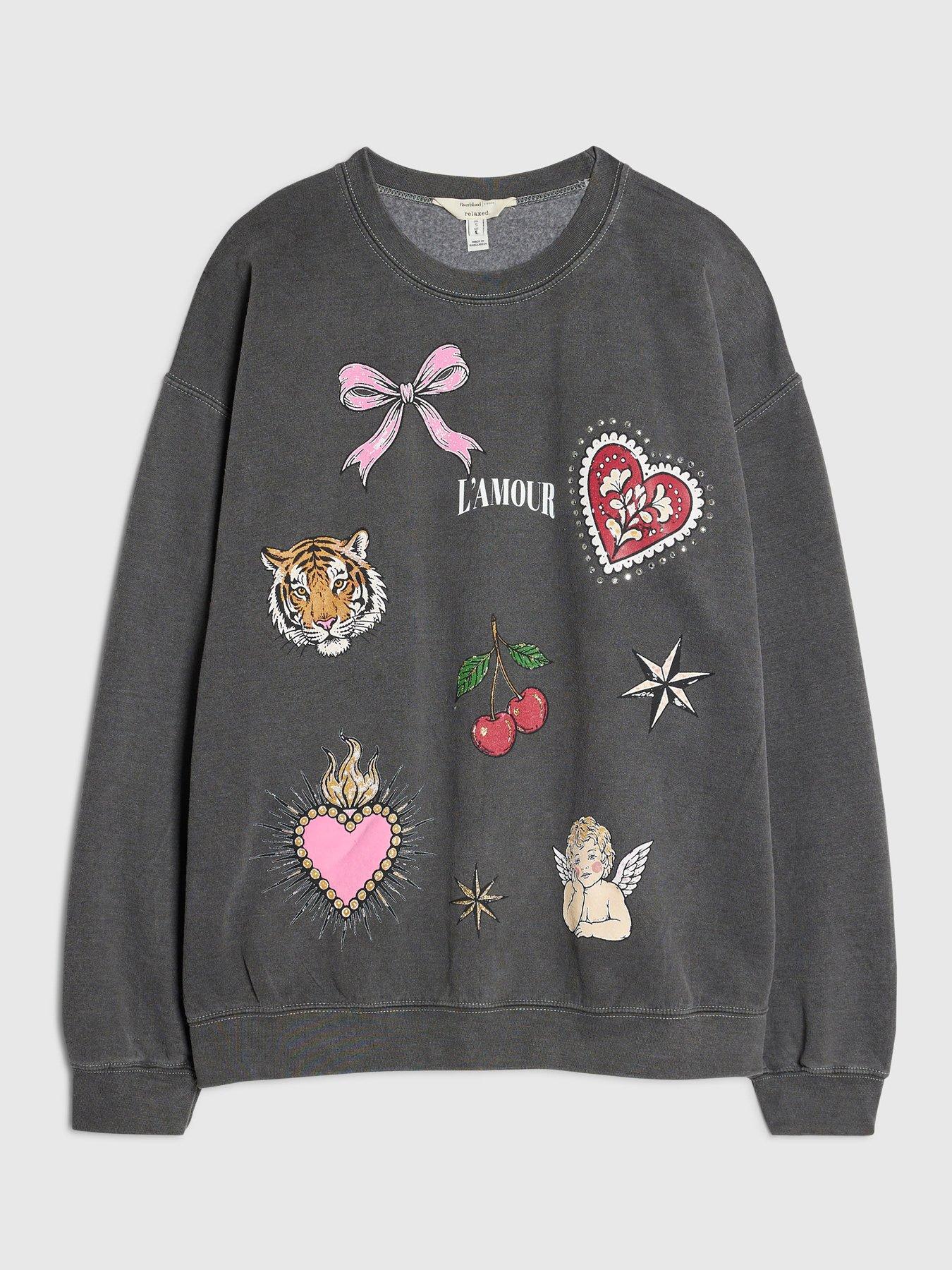 Image 5 of 6 of River Island Womens Hotfix Graphic Long Sleeve Sweatshirt - Grey
