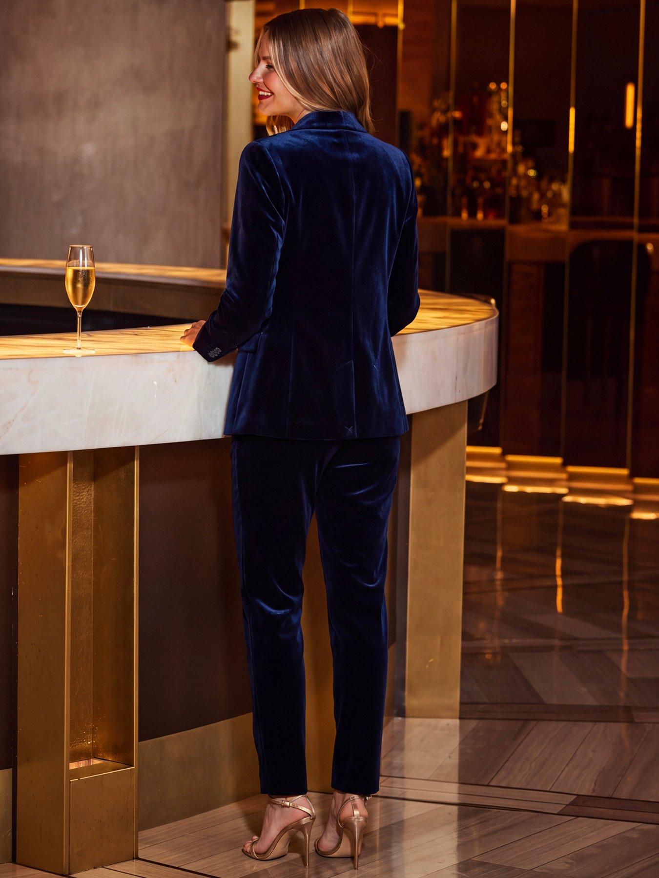 Image 2 of 6 of Sosandar Womens Luxe Velvet Tailored Blazer - Midnight Blue