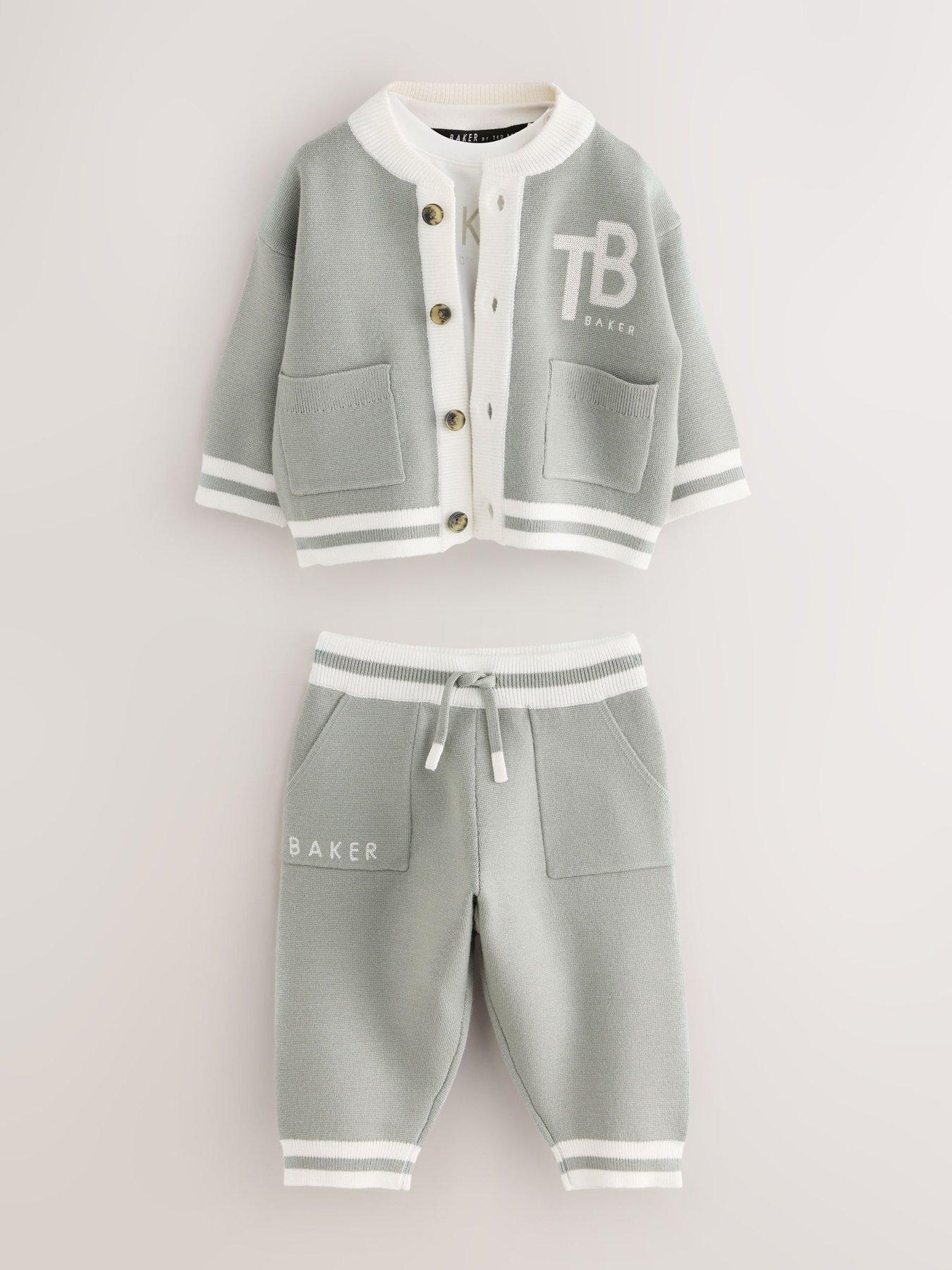 Image 1 of 7 of Ted Baker Boys 3 Piece Knitted Varsity Cardigan T-Shirt Joggers Set - Grey