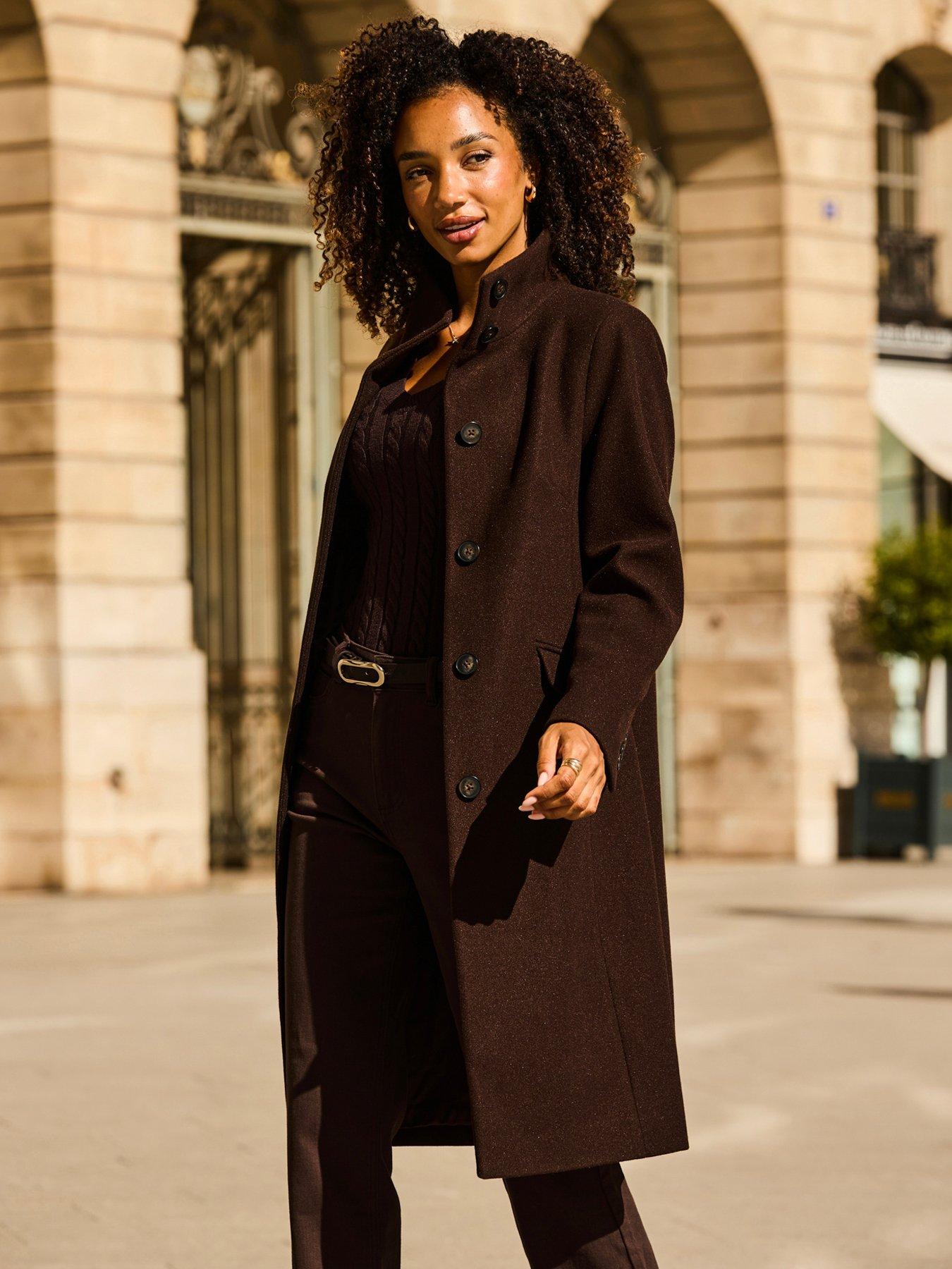 Image 1 of 6 of Sosandar Womens Funnel Collar Longline Coat - Brown