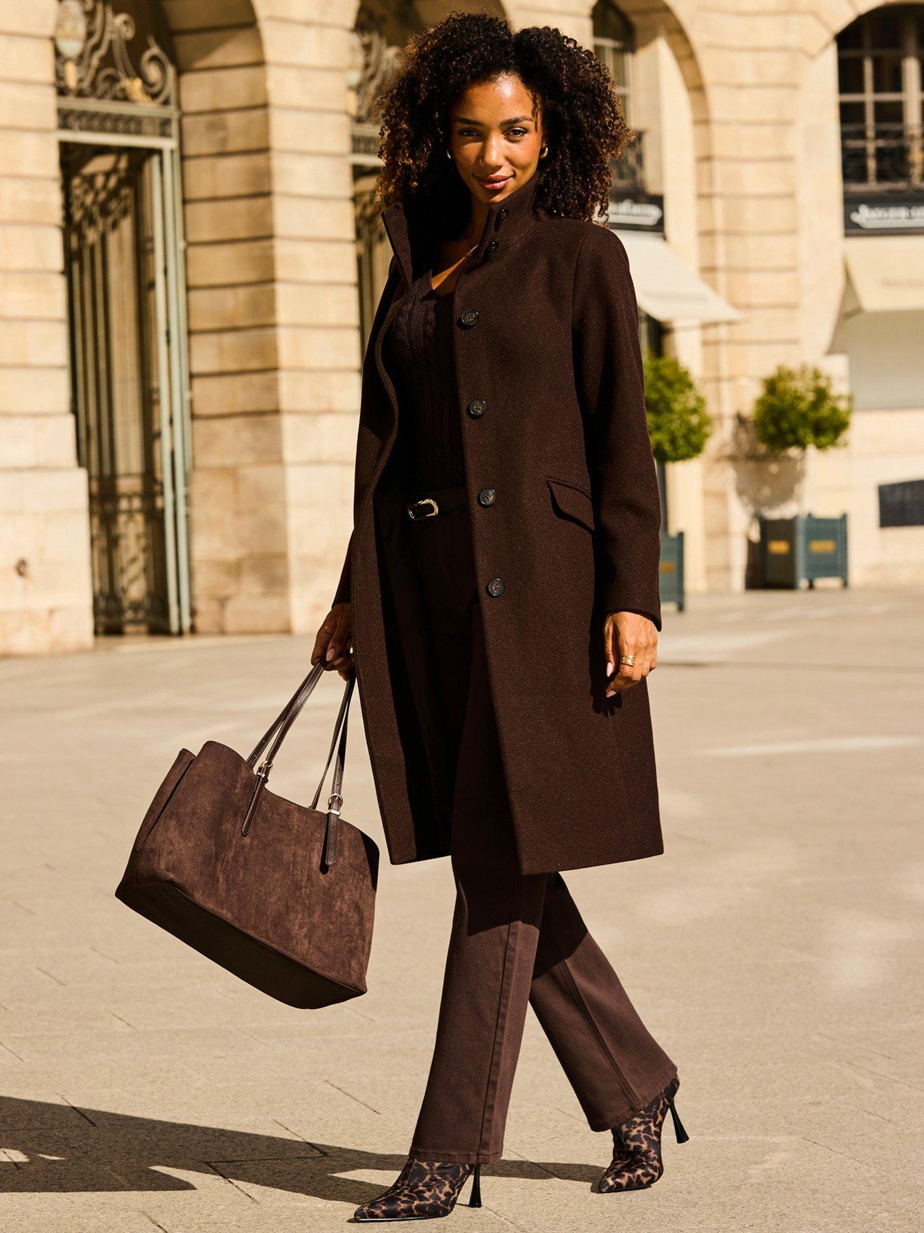 Image 3 of 6 of Sosandar Womens Funnel Collar Longline Coat - Brown