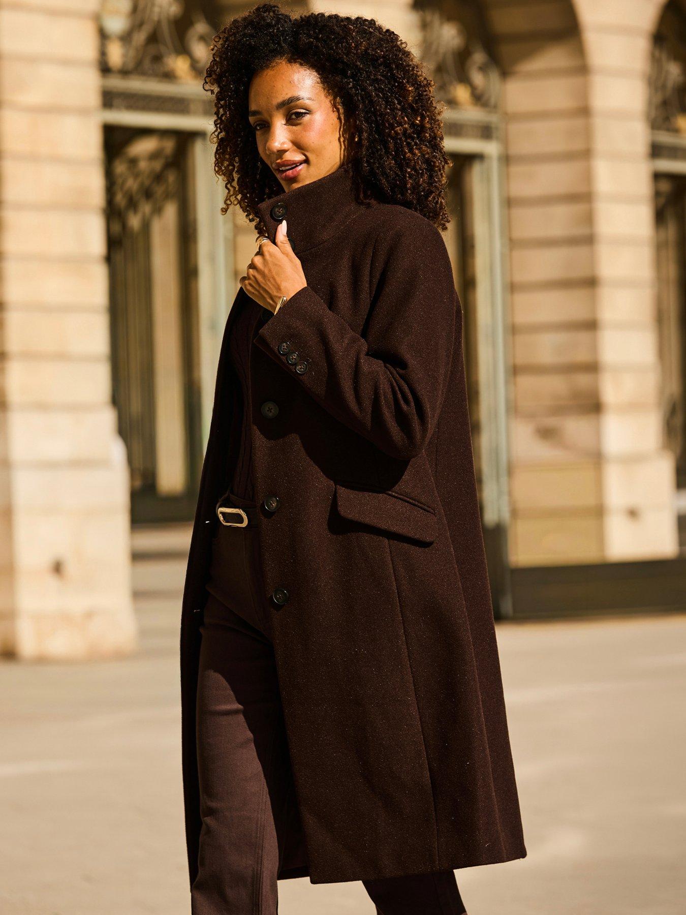 Image 4 of 6 of Sosandar Womens Funnel Collar Longline Coat - Brown