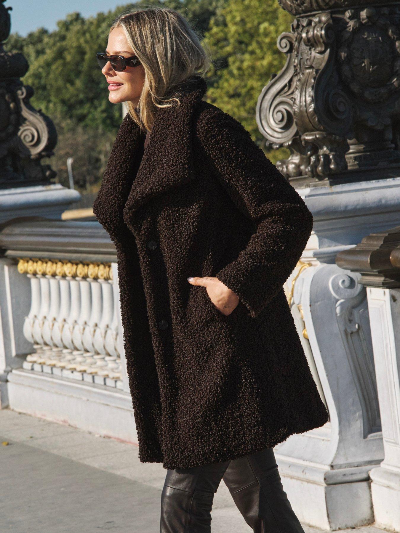 Image 3 of 6 of Sosandar Womens Borg Funnel Collar Coat - Brown