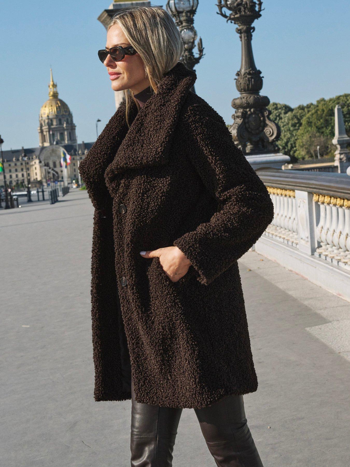 Image 4 of 6 of Sosandar Womens Borg Funnel Collar Coat - Brown