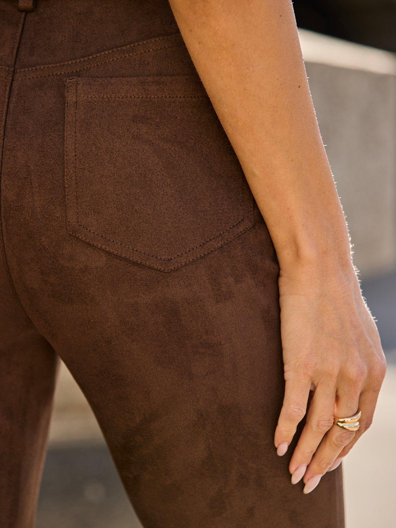 Image 5 of 6 of Sosandar Womens Kick Flare Faux Suede Trousers - Brown