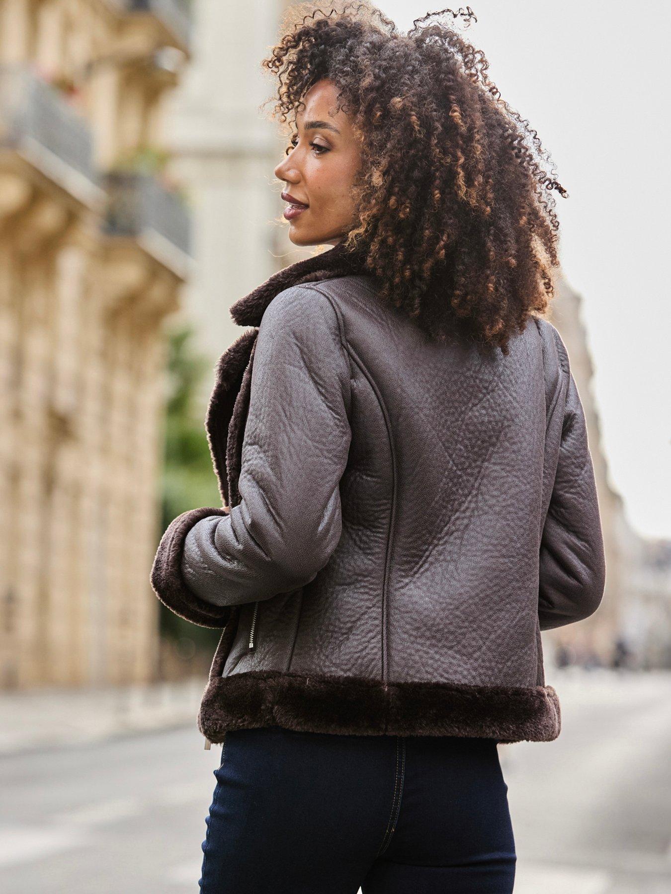 Image 2 of 6 of Sosandar Womens Faux Shearling Asymmetric Zip Aviator Jacket - Brown