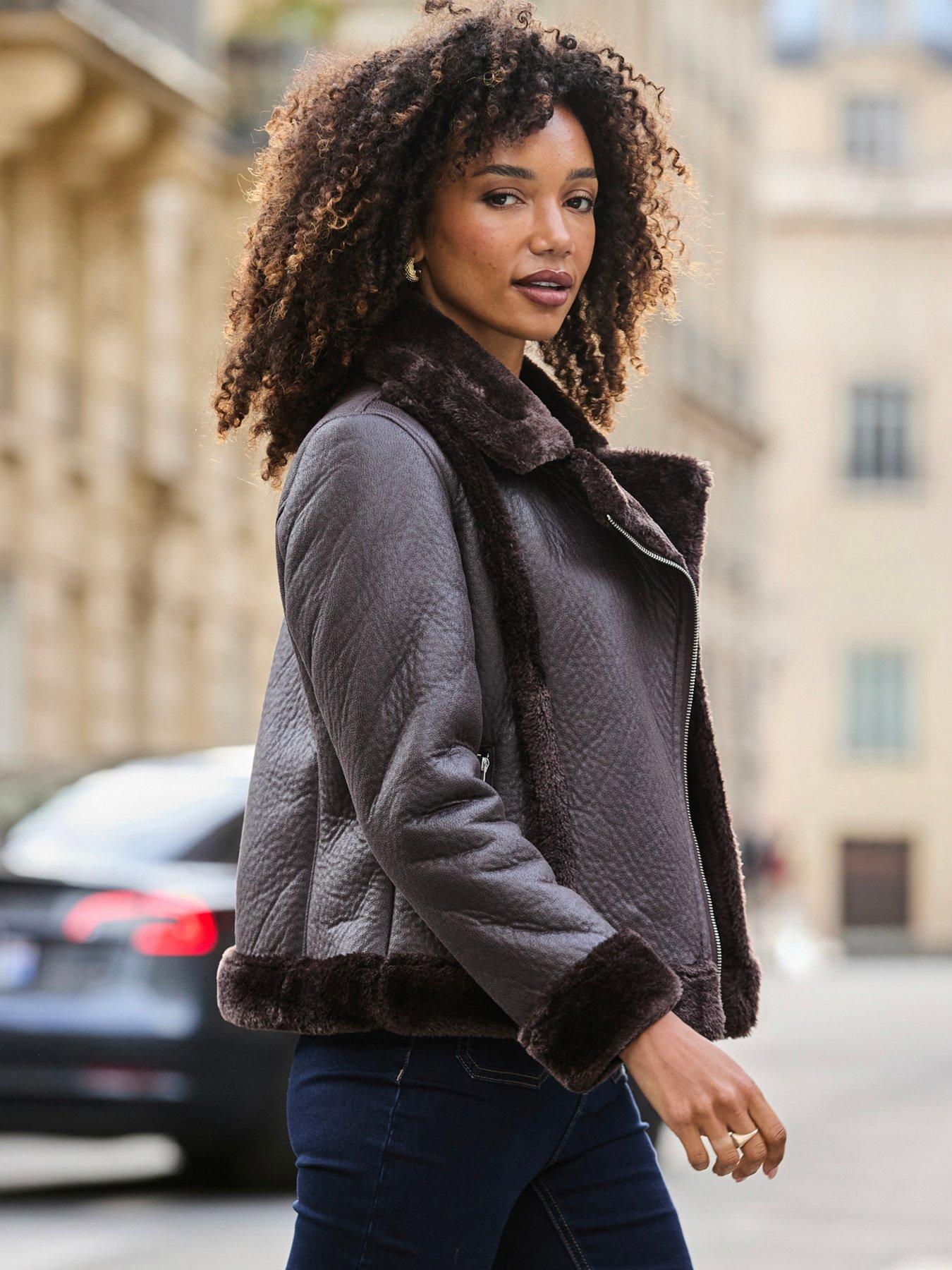 Image 4 of 6 of Sosandar Womens Faux Shearling Asymmetric Zip Aviator Jacket - Brown