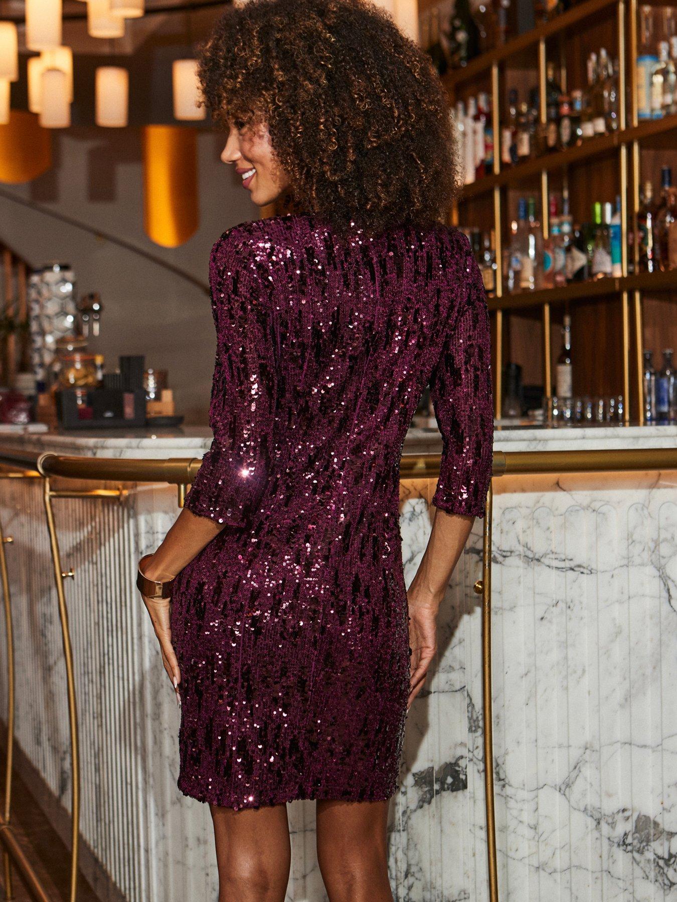Image 2 of 4 of Sosandar Womens Scatter Sequin Stretch Shift Dress - Red