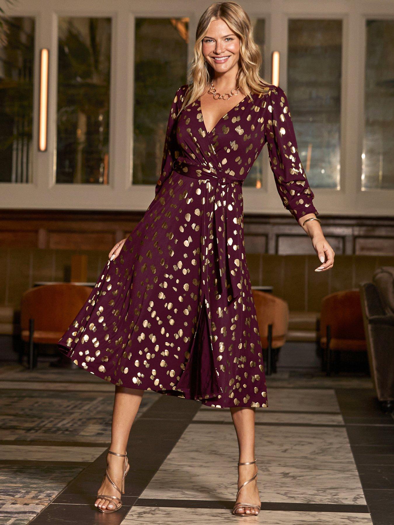 Image 5 of 5 of Sosandar Womens Metallic Spot Wrap Midi Dress - Red