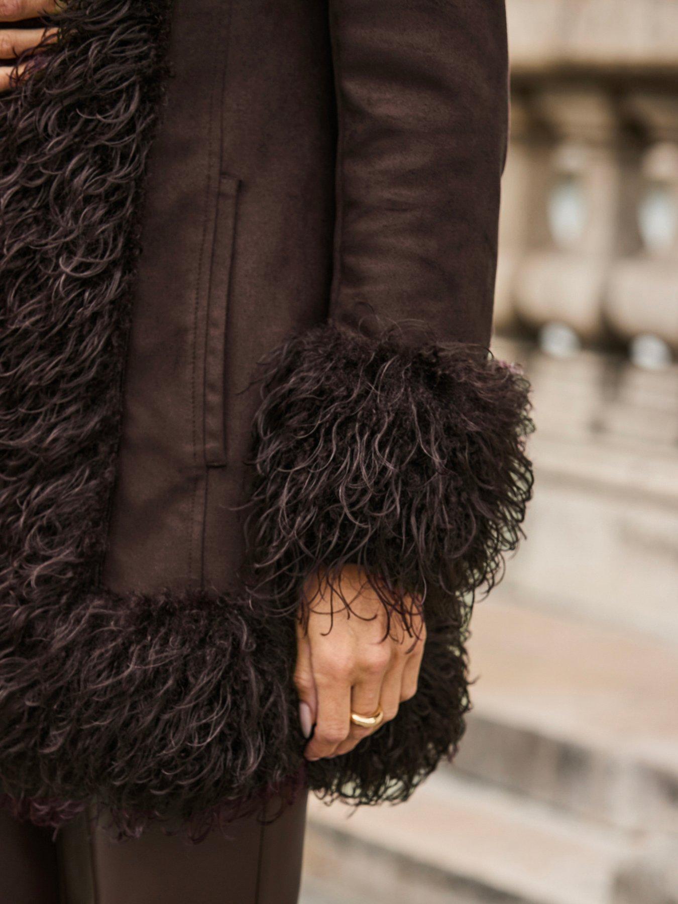 Image 3 of 3 of Sosandar Womens Faux Fur Trim Afghan Coat - Brown
