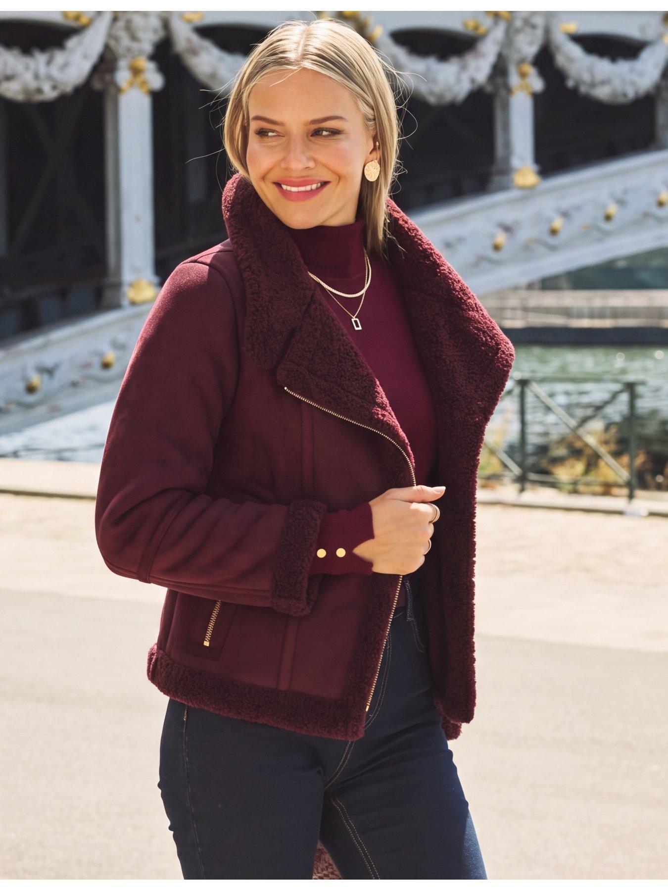Image 2 of 6 of Sosandar Womens Faux Shearling Funnel Collar Jacket - Burgundy