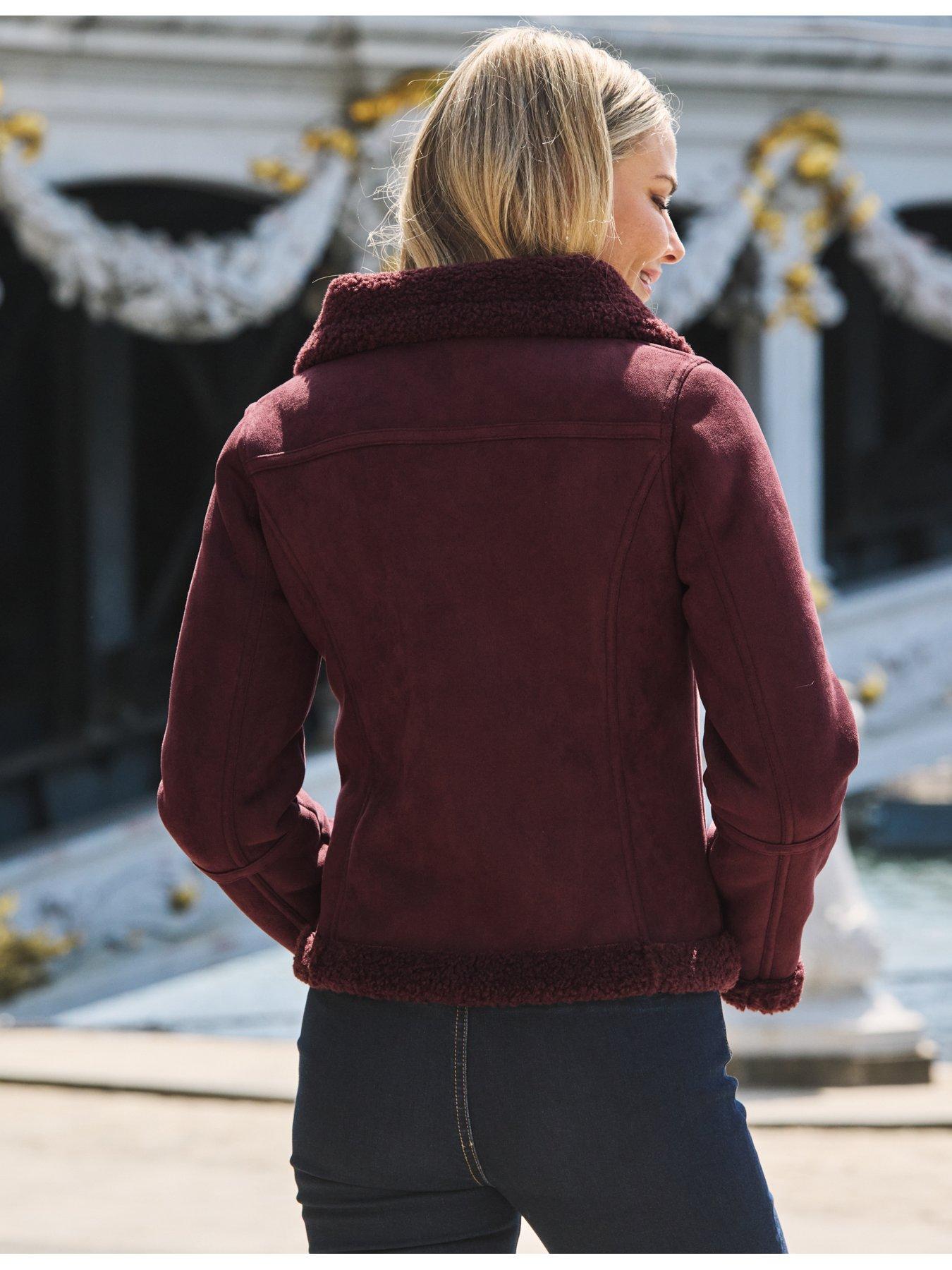 Image 3 of 6 of Sosandar Womens Faux Shearling Funnel Collar Jacket - Burgundy