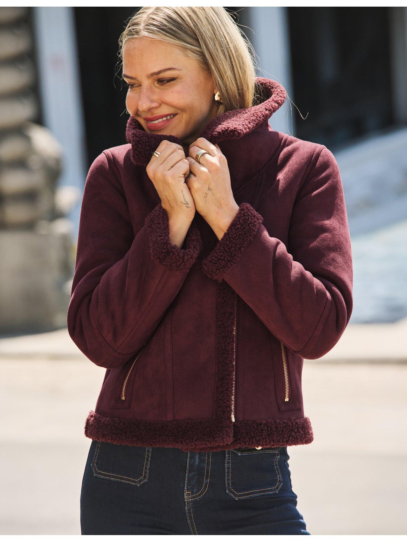 Image 5 of 6 of Sosandar Womens Faux Shearling Funnel Collar Jacket - Burgundy