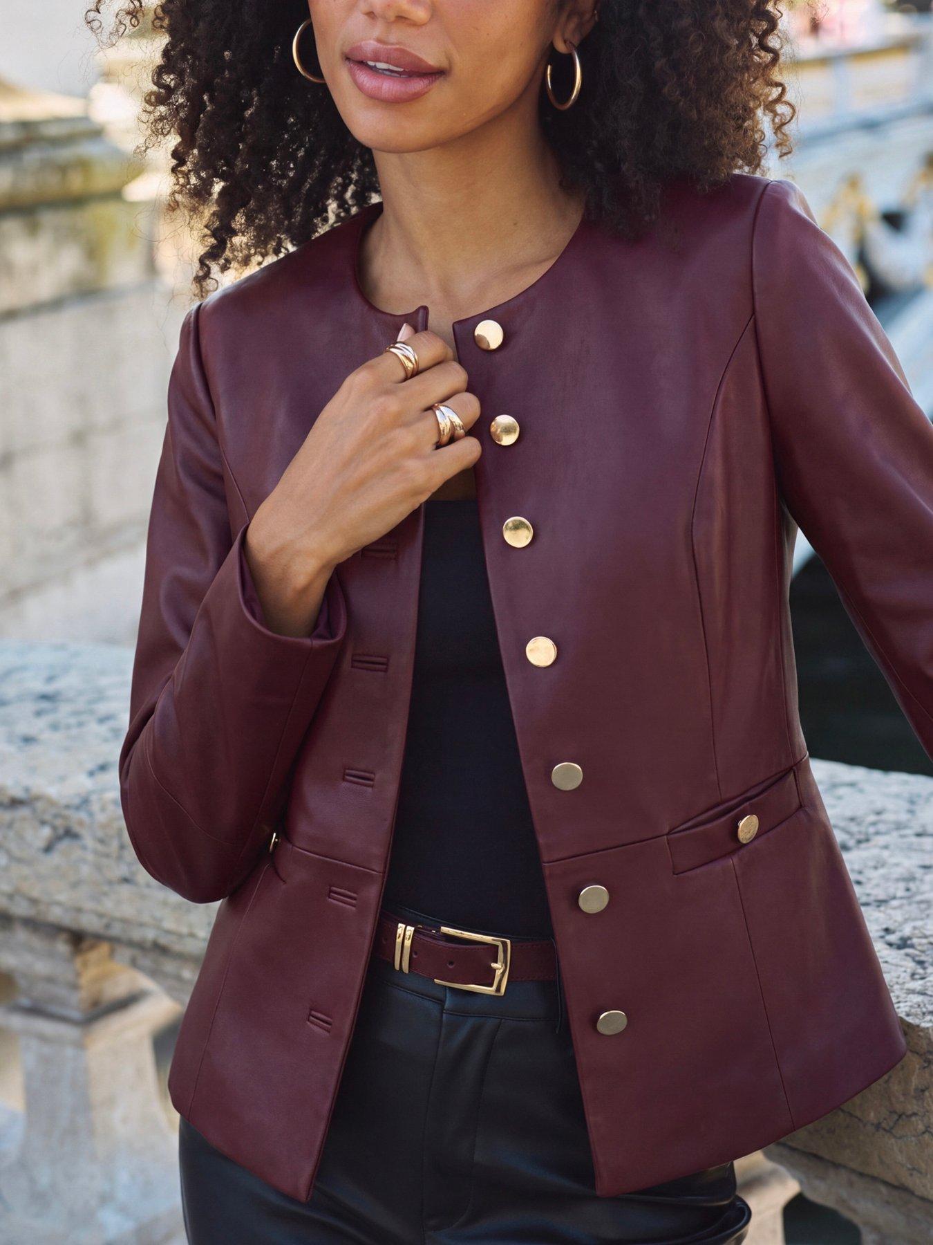 Image 1 of 3 of Sosandar Womens Collarless Gold Button Faux Leather Jacket - Burgundy