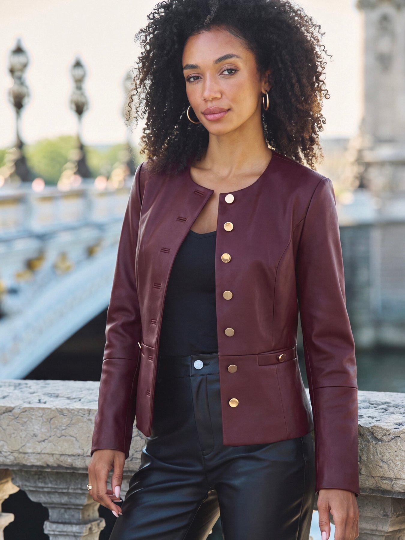 Image 2 of 3 of Sosandar Womens Collarless Gold Button Faux Leather Jacket - Burgundy