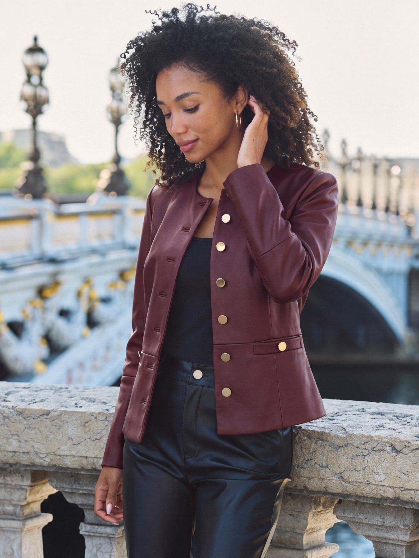 Image 3 of 3 of Sosandar Womens Collarless Gold Button Faux Leather Jacket - Burgundy