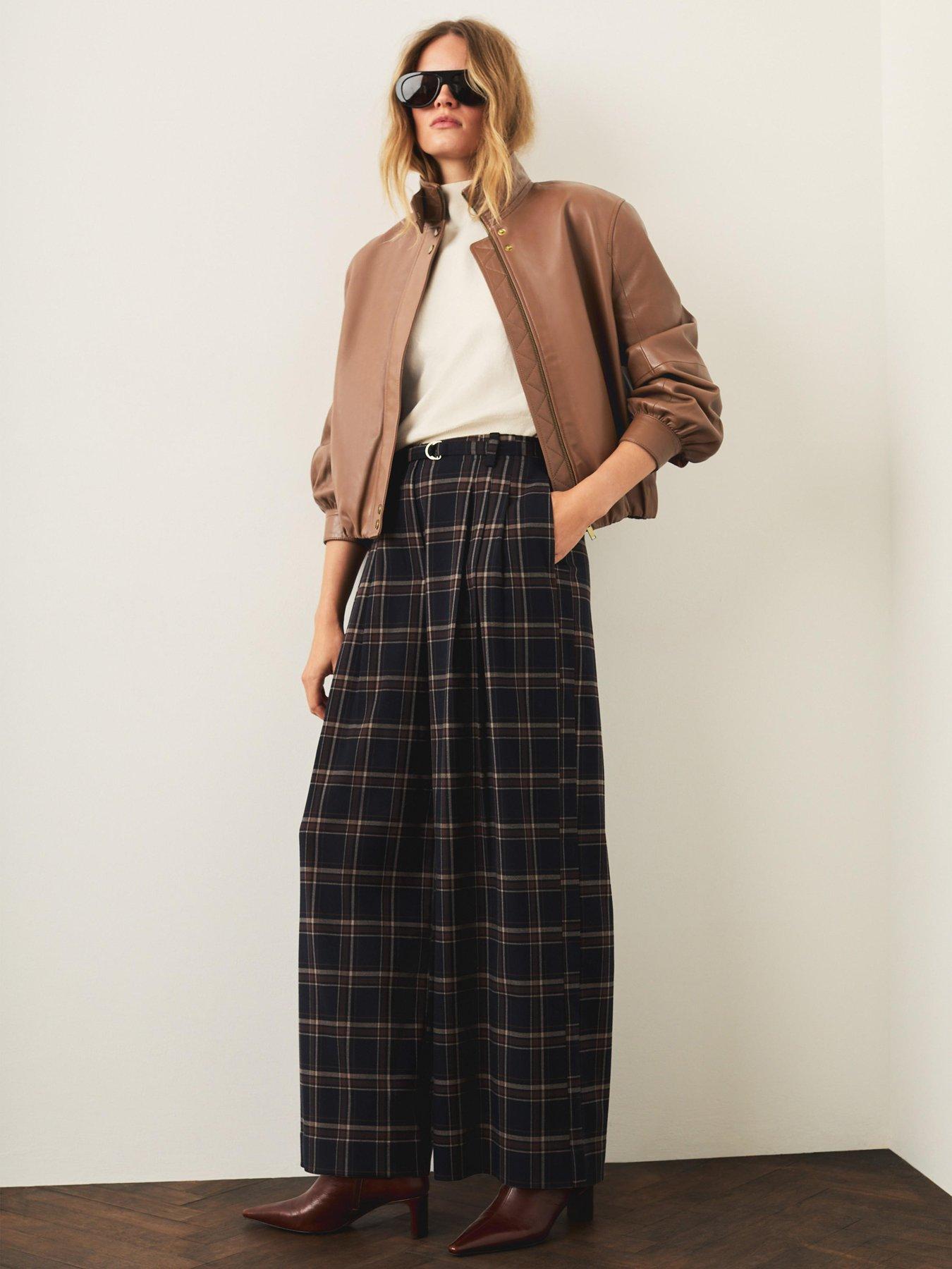 Mint Velvet Navy Check Wide Leg Trousers - Blue
