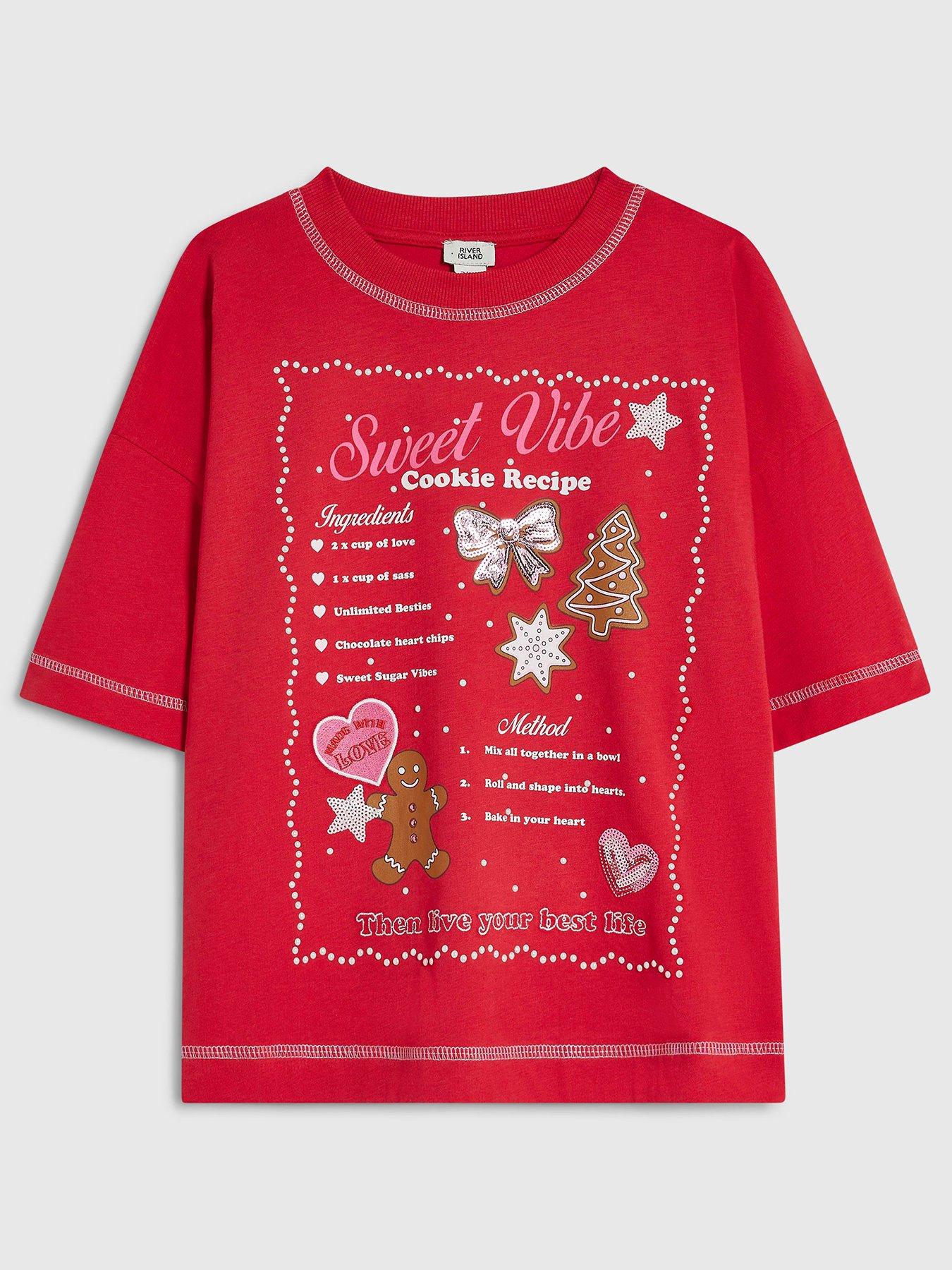 Image 1 of 4 of River Island Girls Christmas Recipe Sequin Detail Cotton T-Shirt - Red