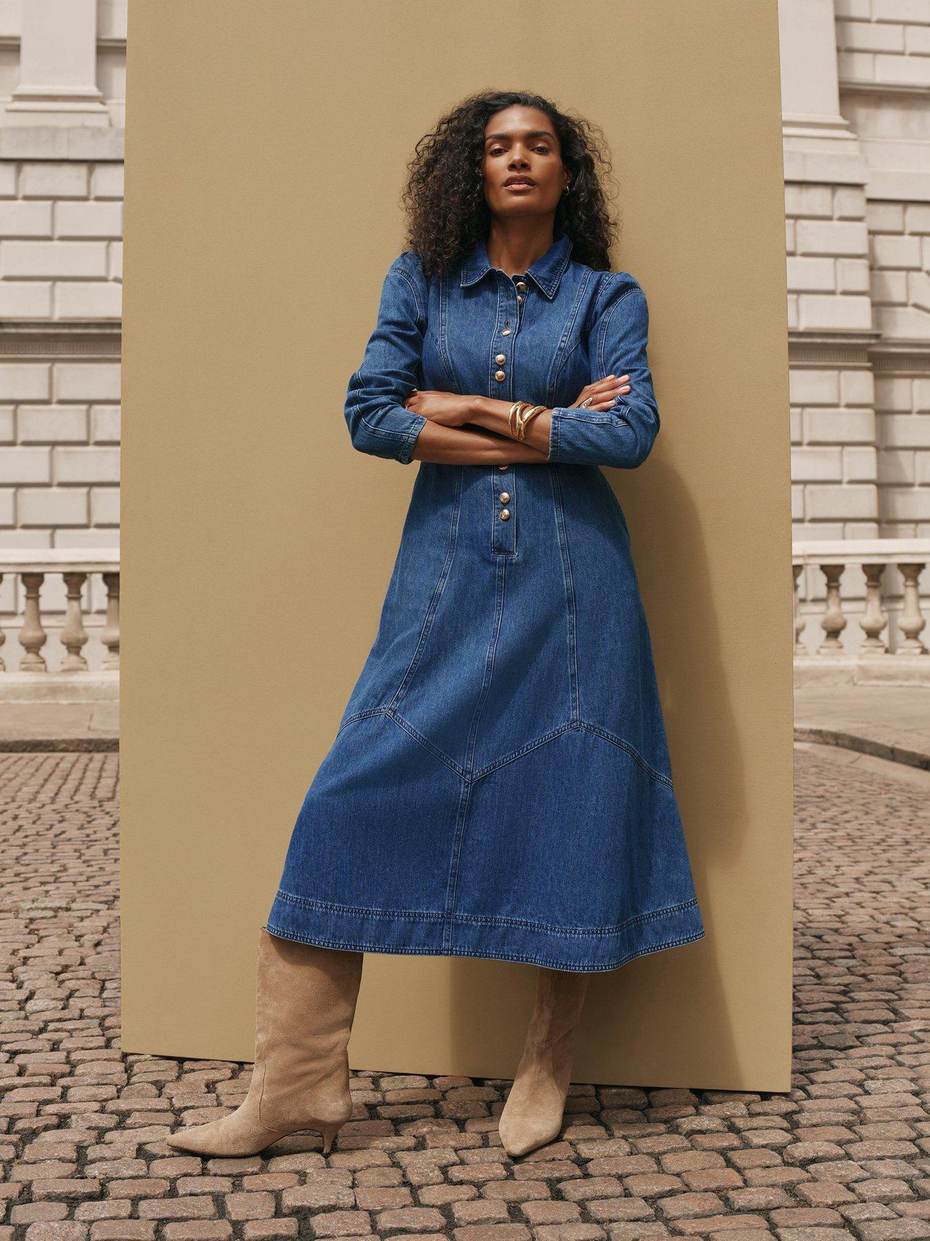 Image 1 of 6 of Mint Velvet Button Front Denim Shirt Dress - Blue