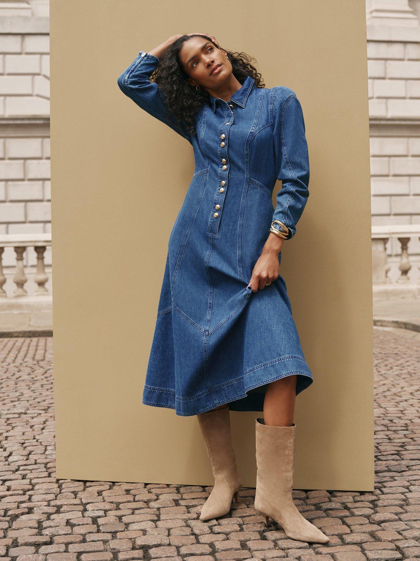 Image 3 of 6 of Mint Velvet Button Front Denim Shirt Dress - Blue