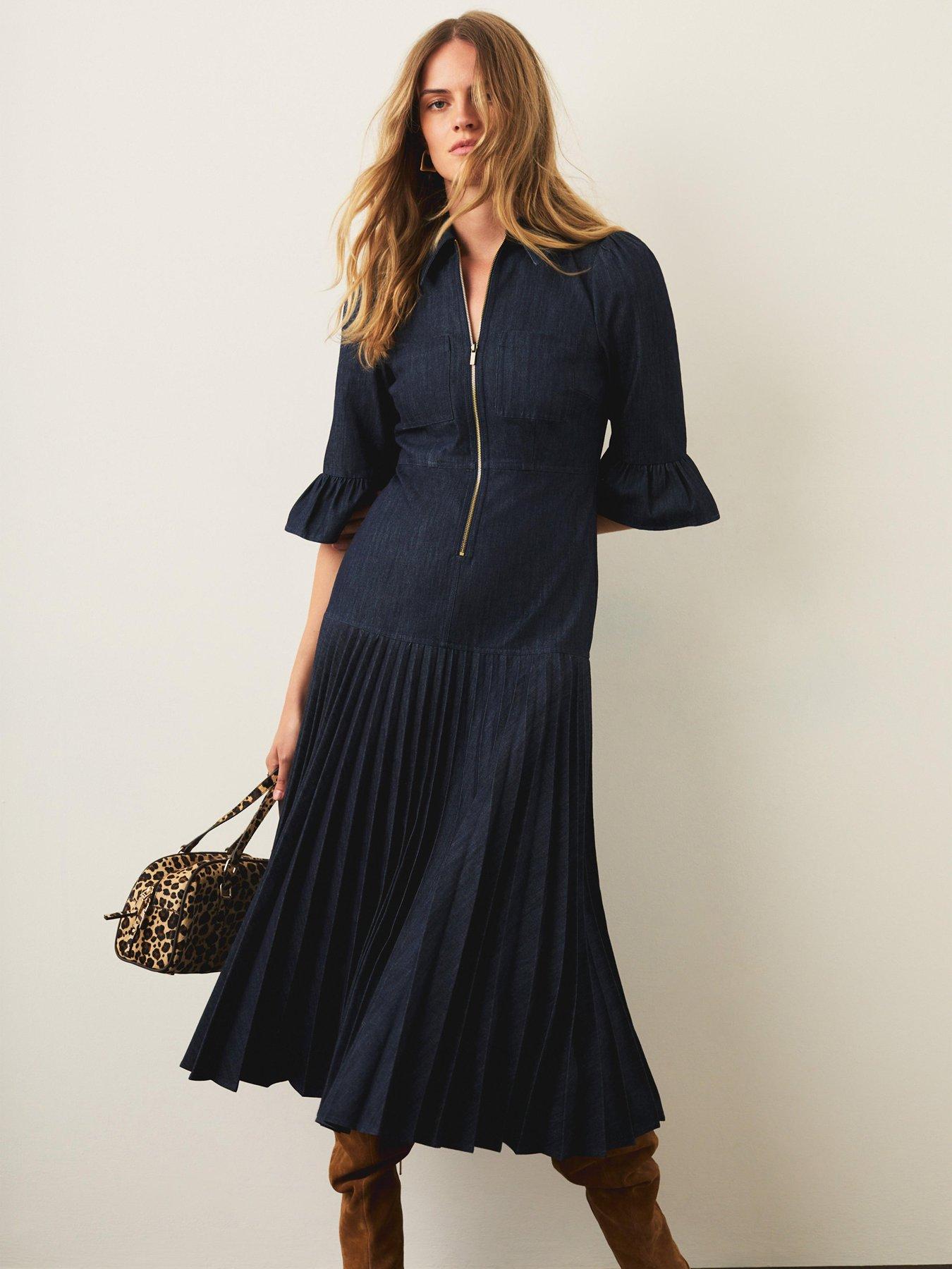 Mint Velvet Dark Indigo Denim Pleated Midaxi Dress - Blue