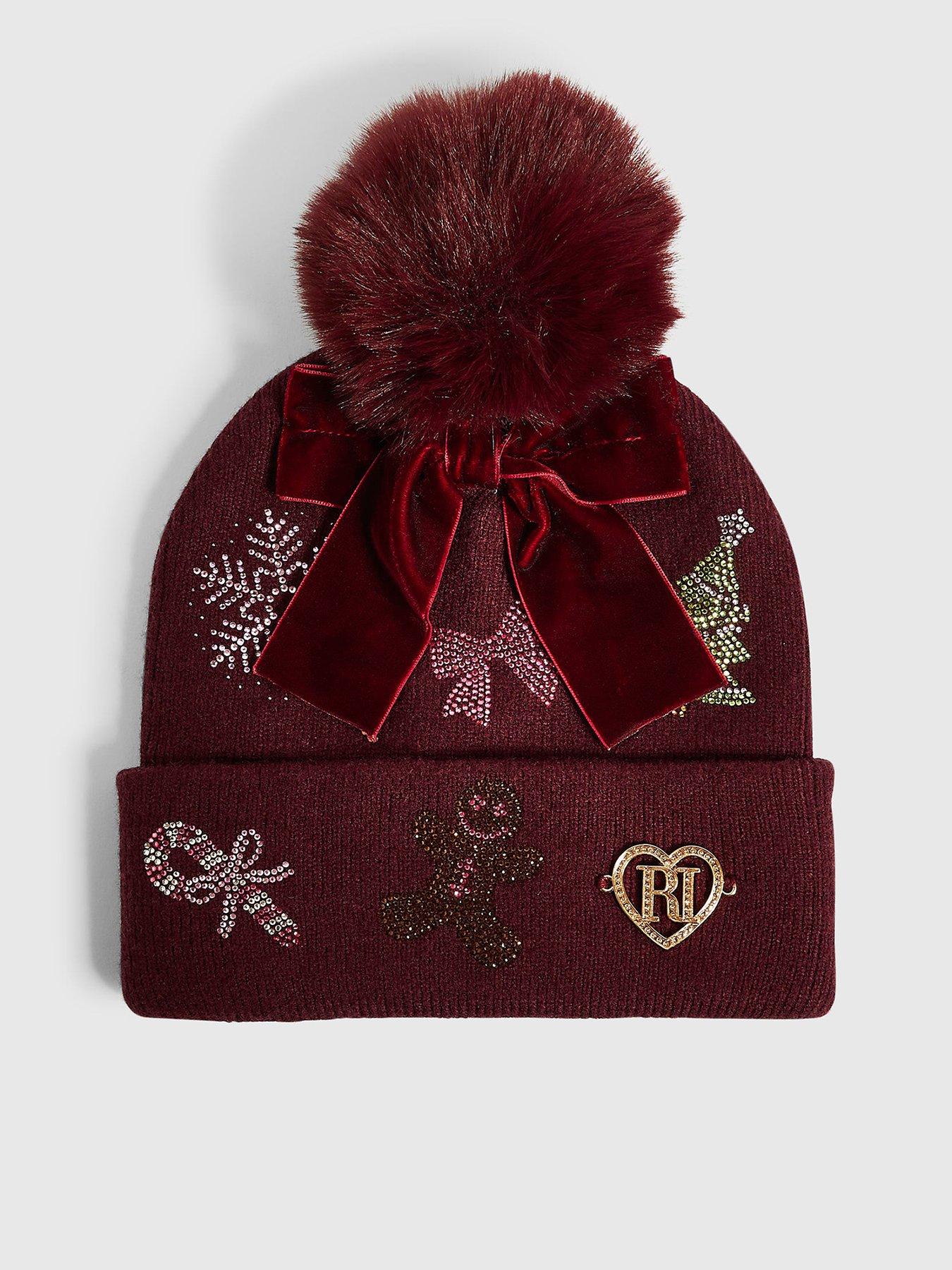 Image 1 of 2 of River Island Girls Knit Diamante Christmas Beanie - Red