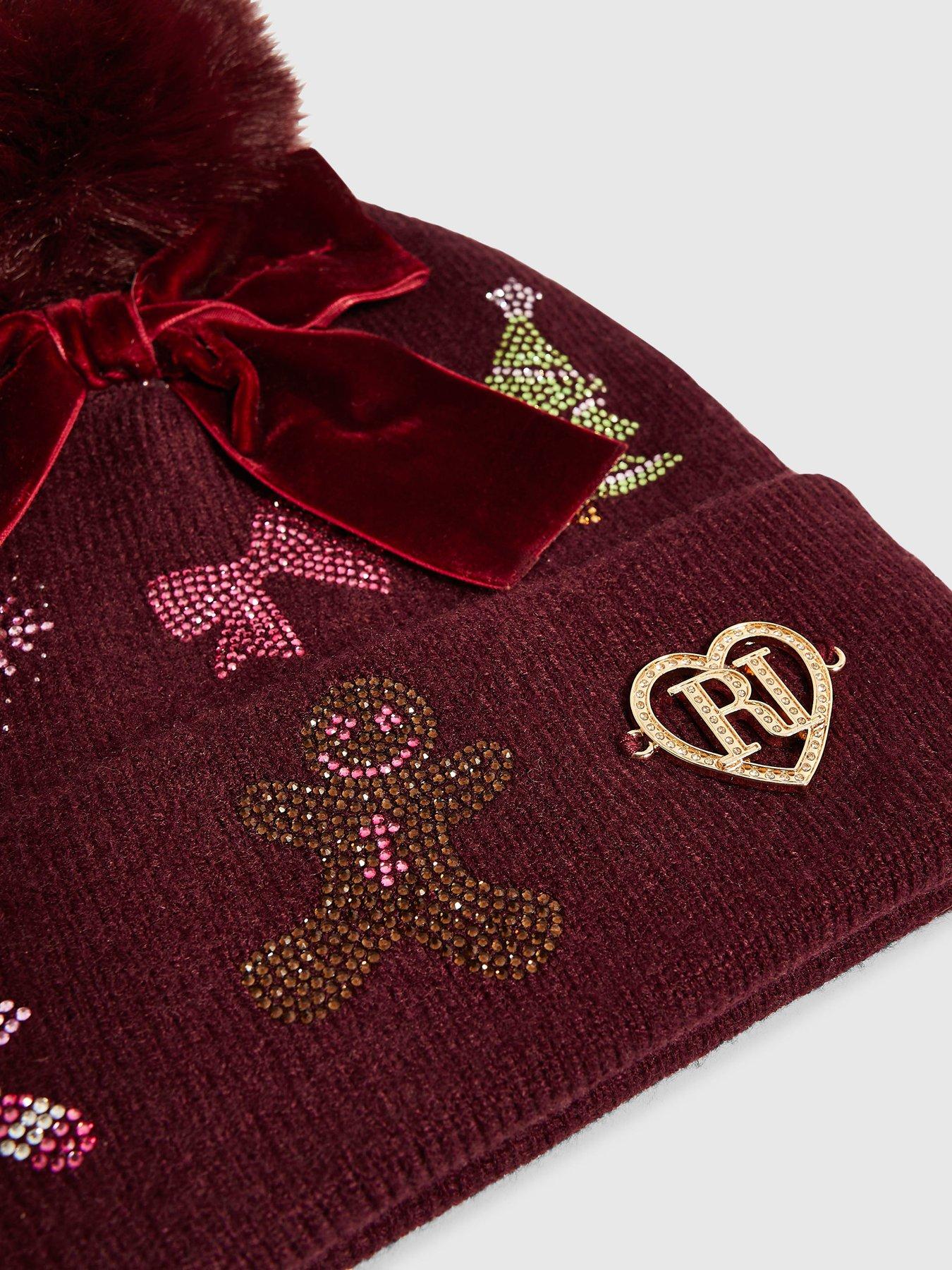 Image 2 of 2 of River Island Girls Knit Diamante Christmas Beanie - Red