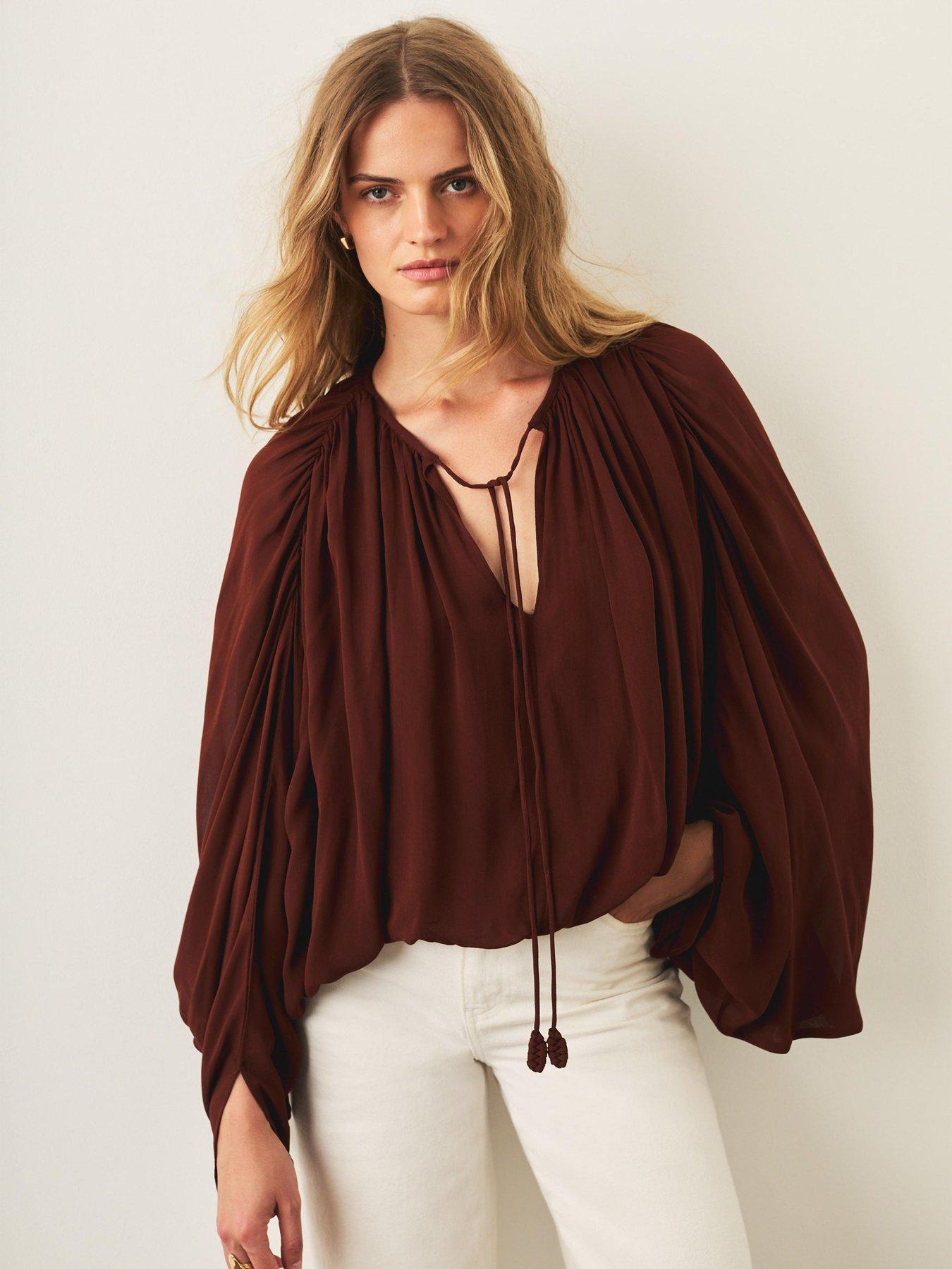 Image 1 of 6 of Mint Velvet Balloon Hem Blouse - Brown