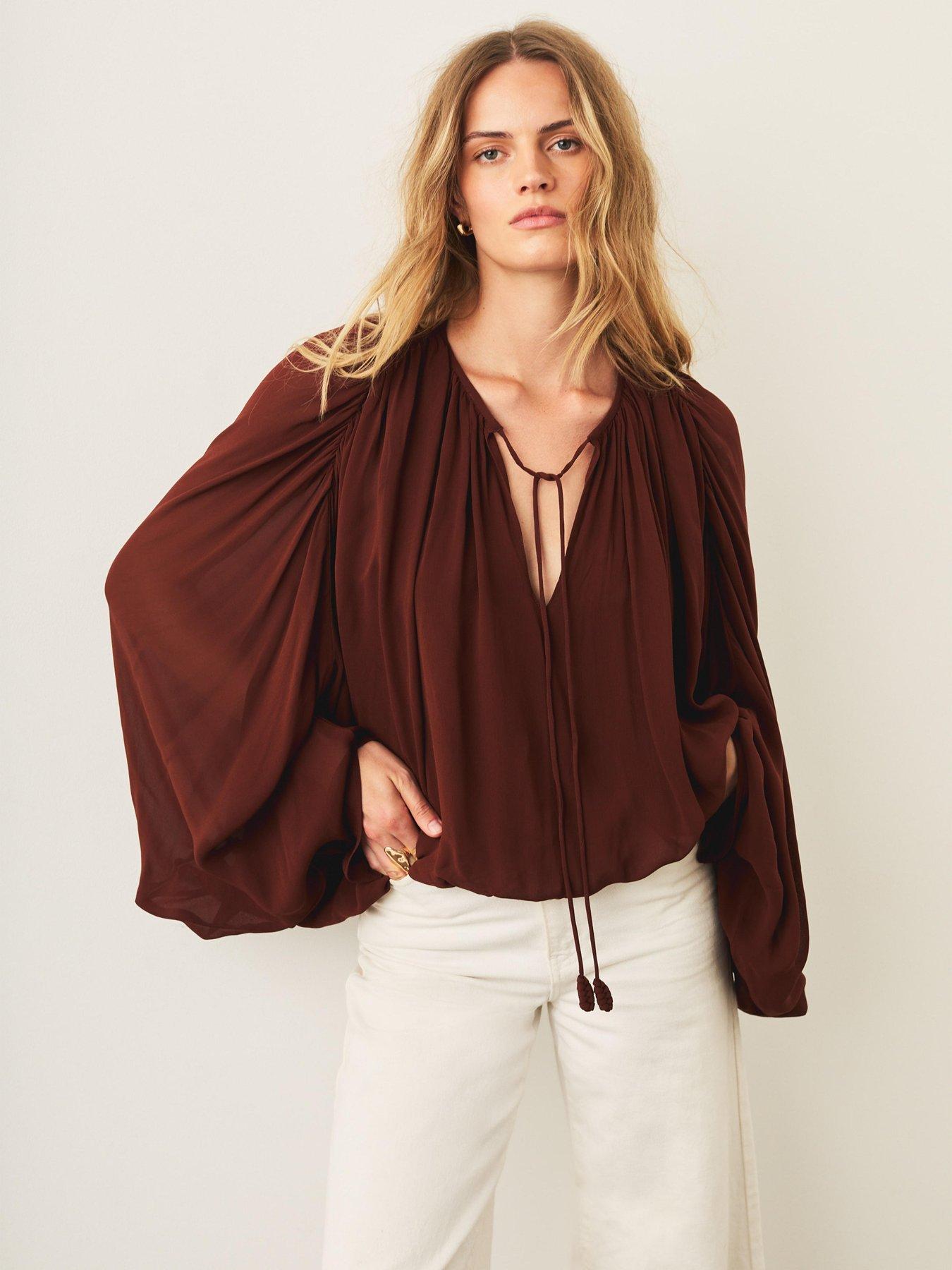 Image 4 of 6 of Mint Velvet Balloon Hem Blouse - Brown