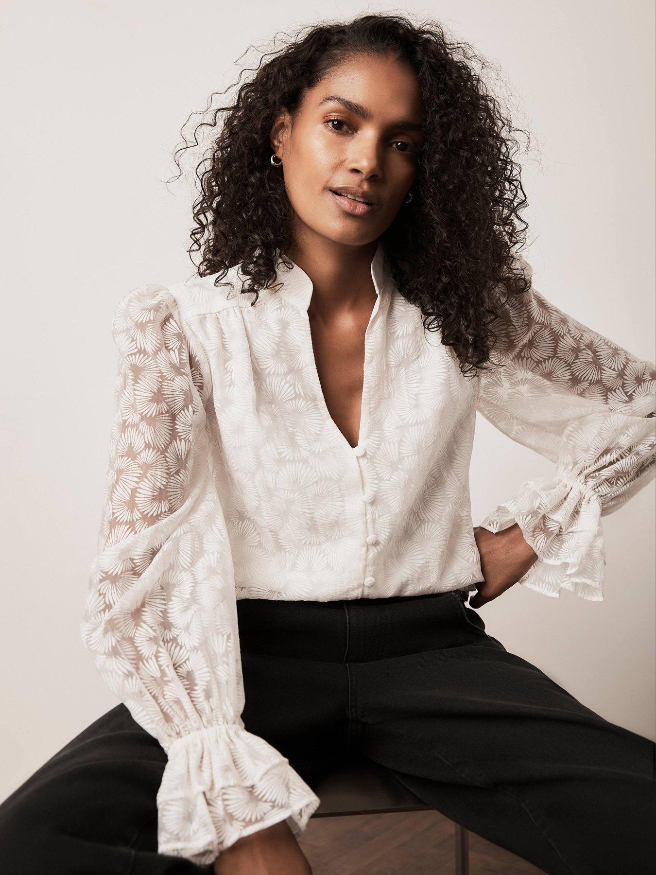 Image 1 of 6 of Mint Velvet Ivory Feather Burnout Shirt - White
