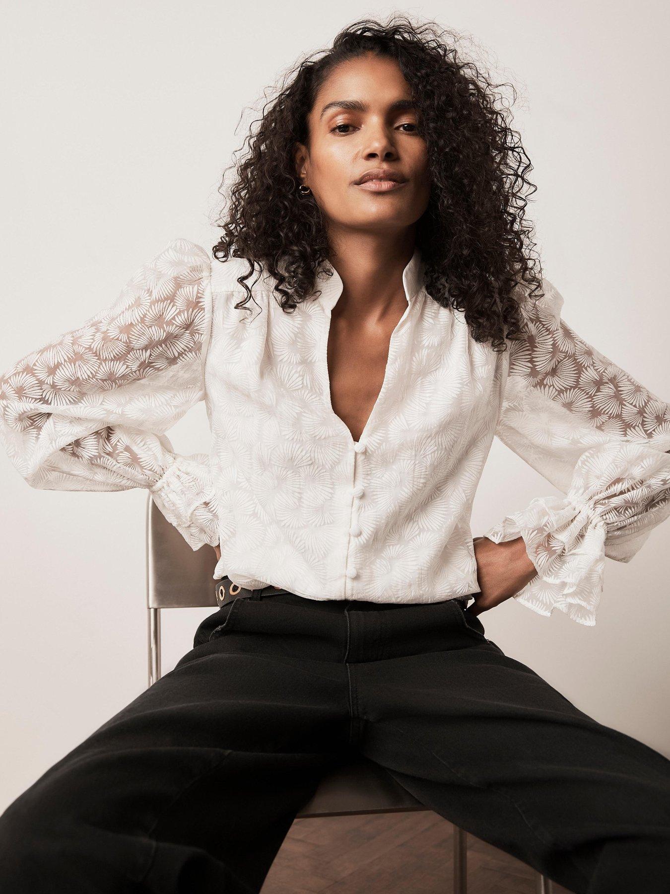 Image 2 of 6 of Mint Velvet Ivory Feather Burnout Shirt - White
