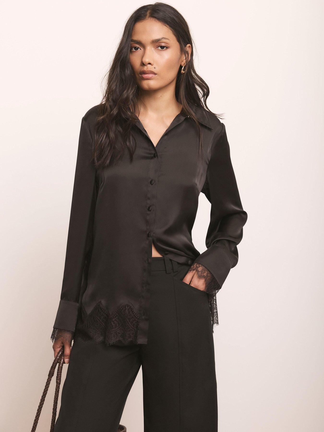 Image 1 of 6 of Mint Velvet Satin Lace Shirt - Black
