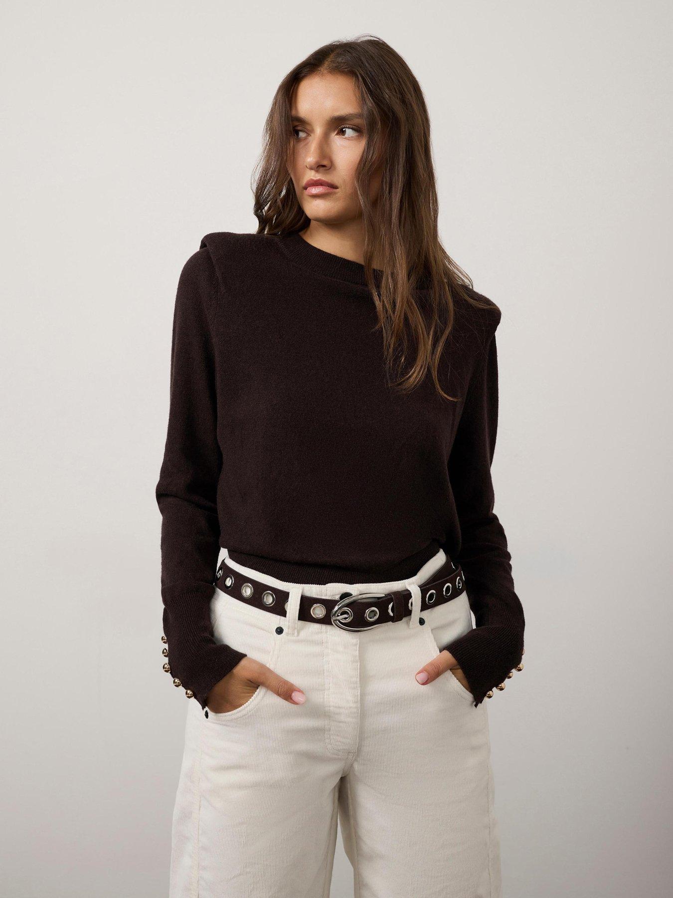 Image 1 of 6 of Mint Velvet Shoulder Pad Knit Top - Brown