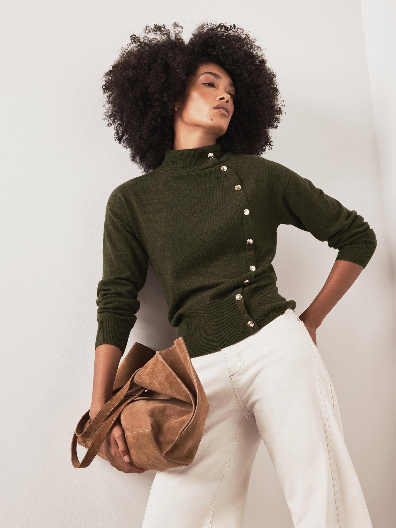Mint Velvet Wave Button Detail Knit Top - Green