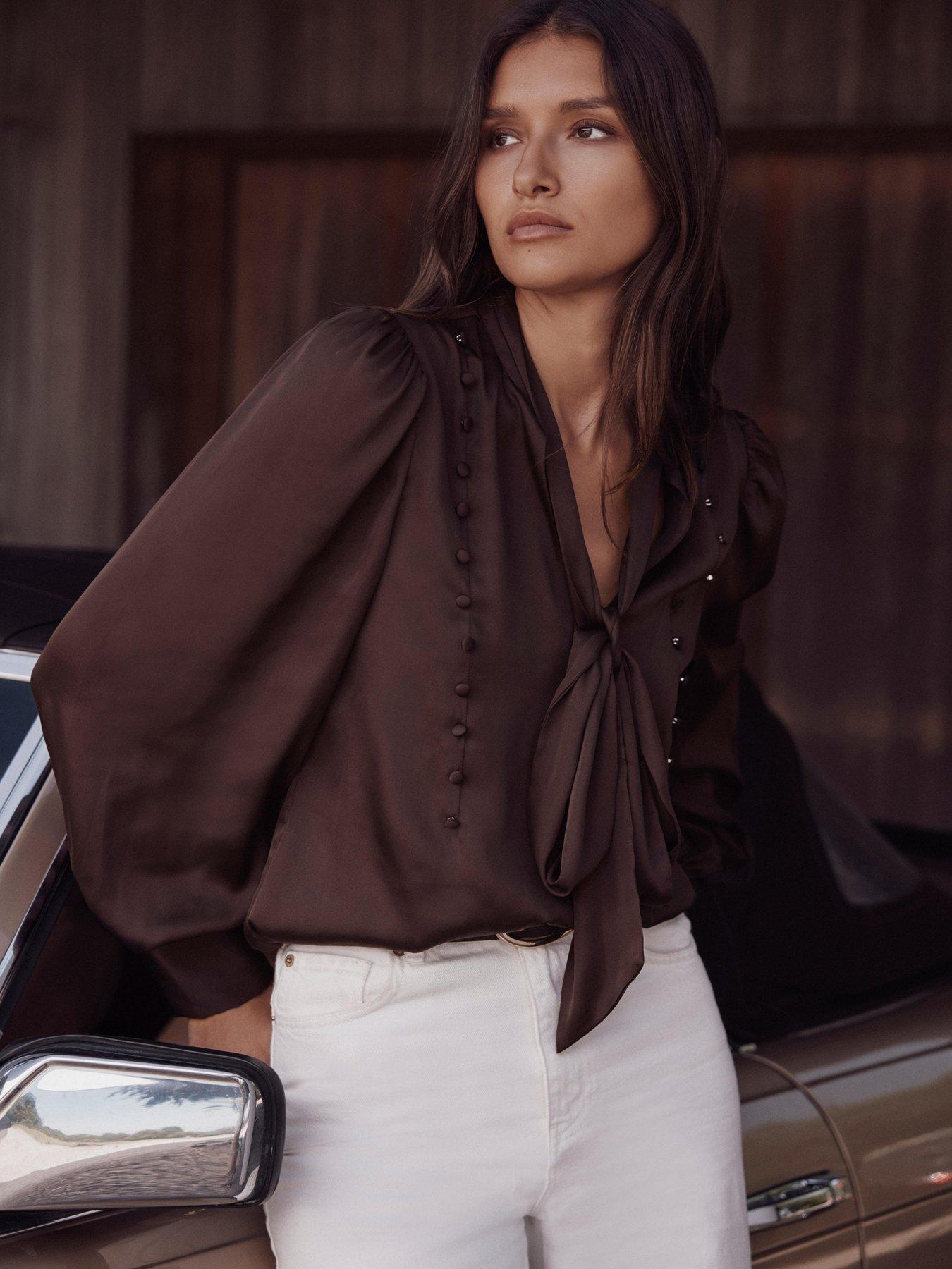 Image 3 of 6 of Mint Velvet Satin Pussybow Blouse - Brown