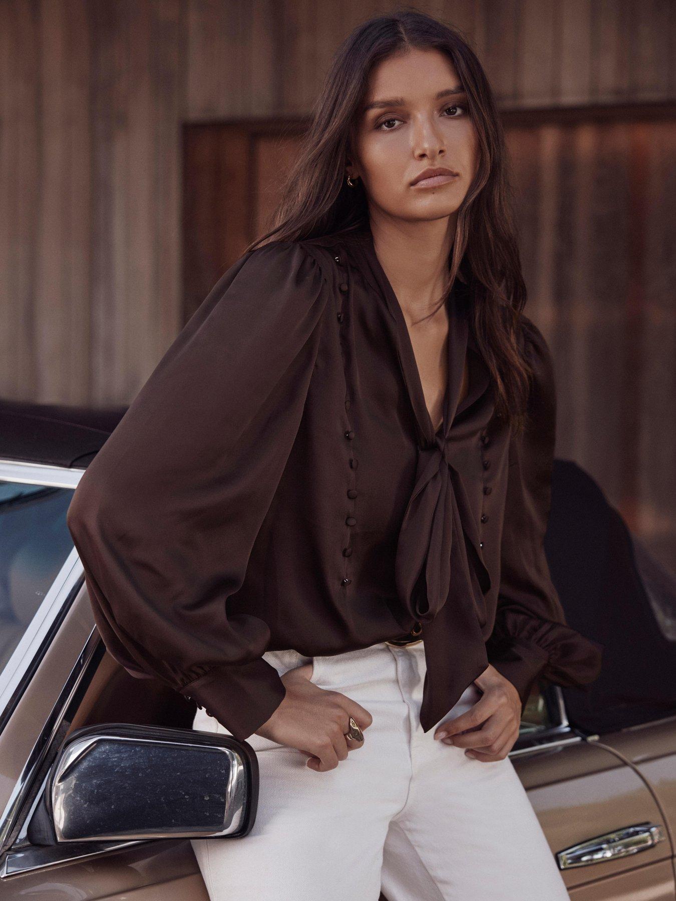 Image 4 of 6 of Mint Velvet Satin Pussybow Blouse - Brown