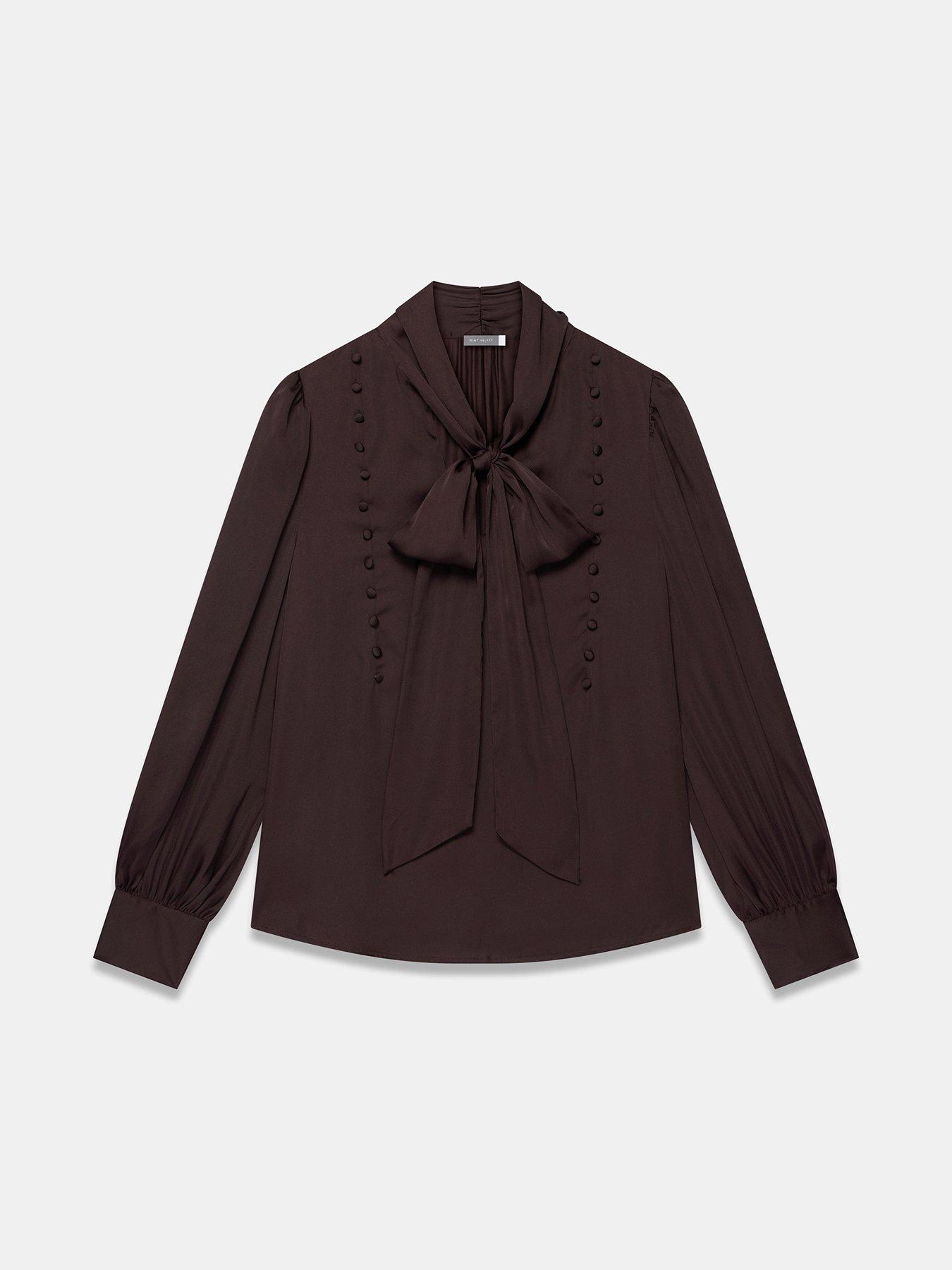 Image 5 of 6 of Mint Velvet Satin Pussybow Blouse - Brown