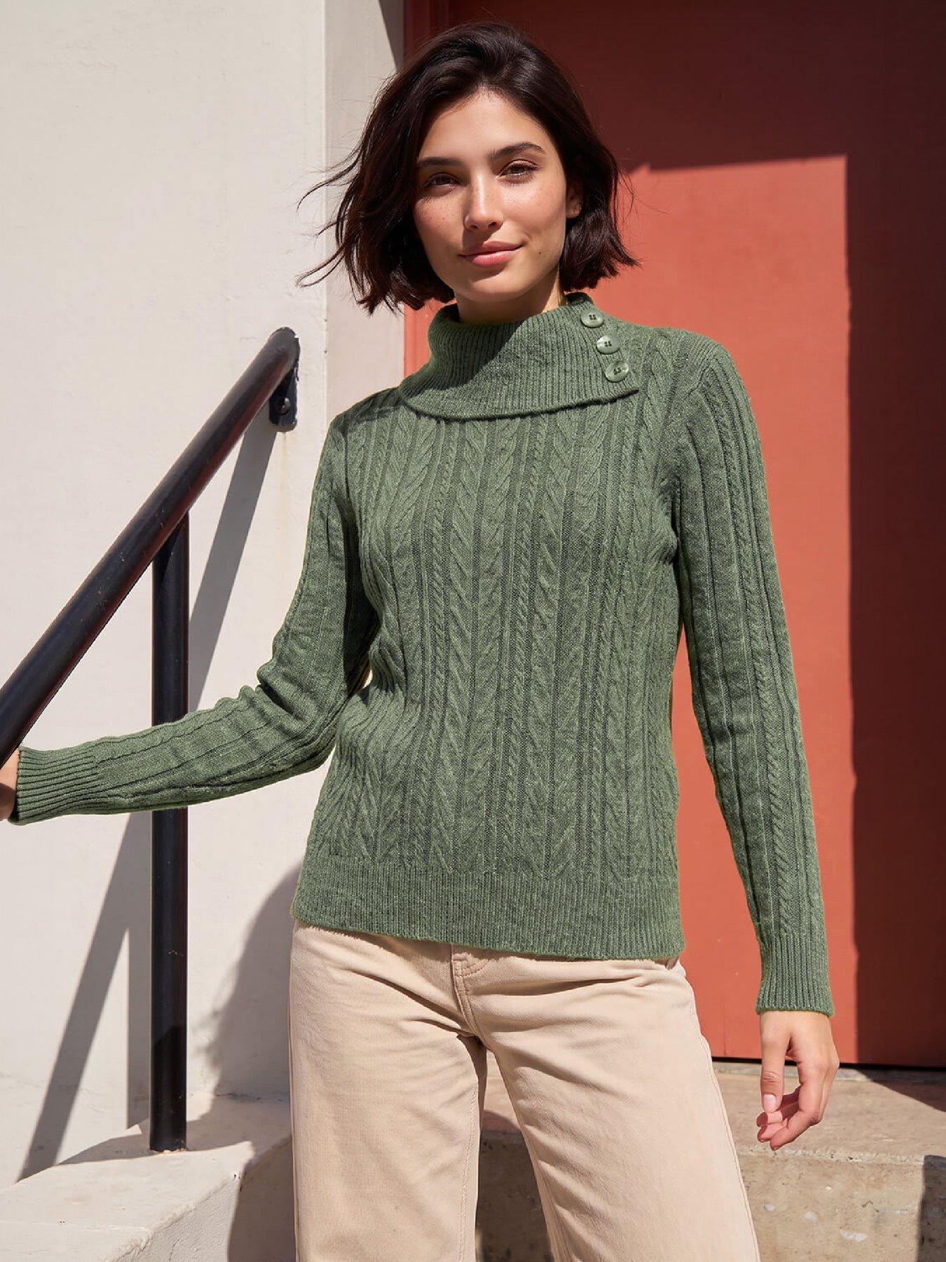 Image 1 of 4 of Roman Womens Petite Button Neck Cable Knit Jumper - Green