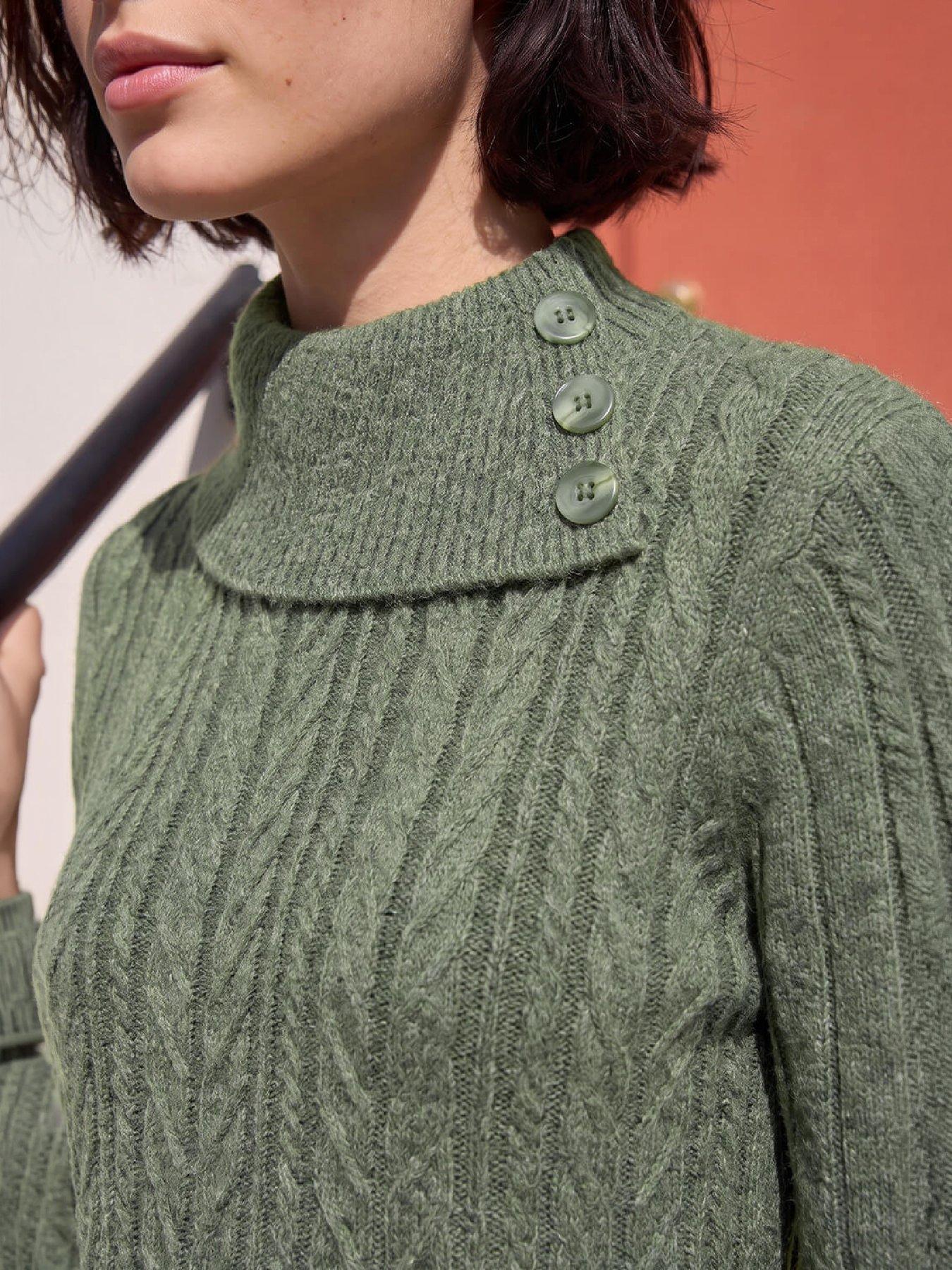 Image 2 of 4 of Roman Womens Petite Button Neck Cable Knit Jumper - Green