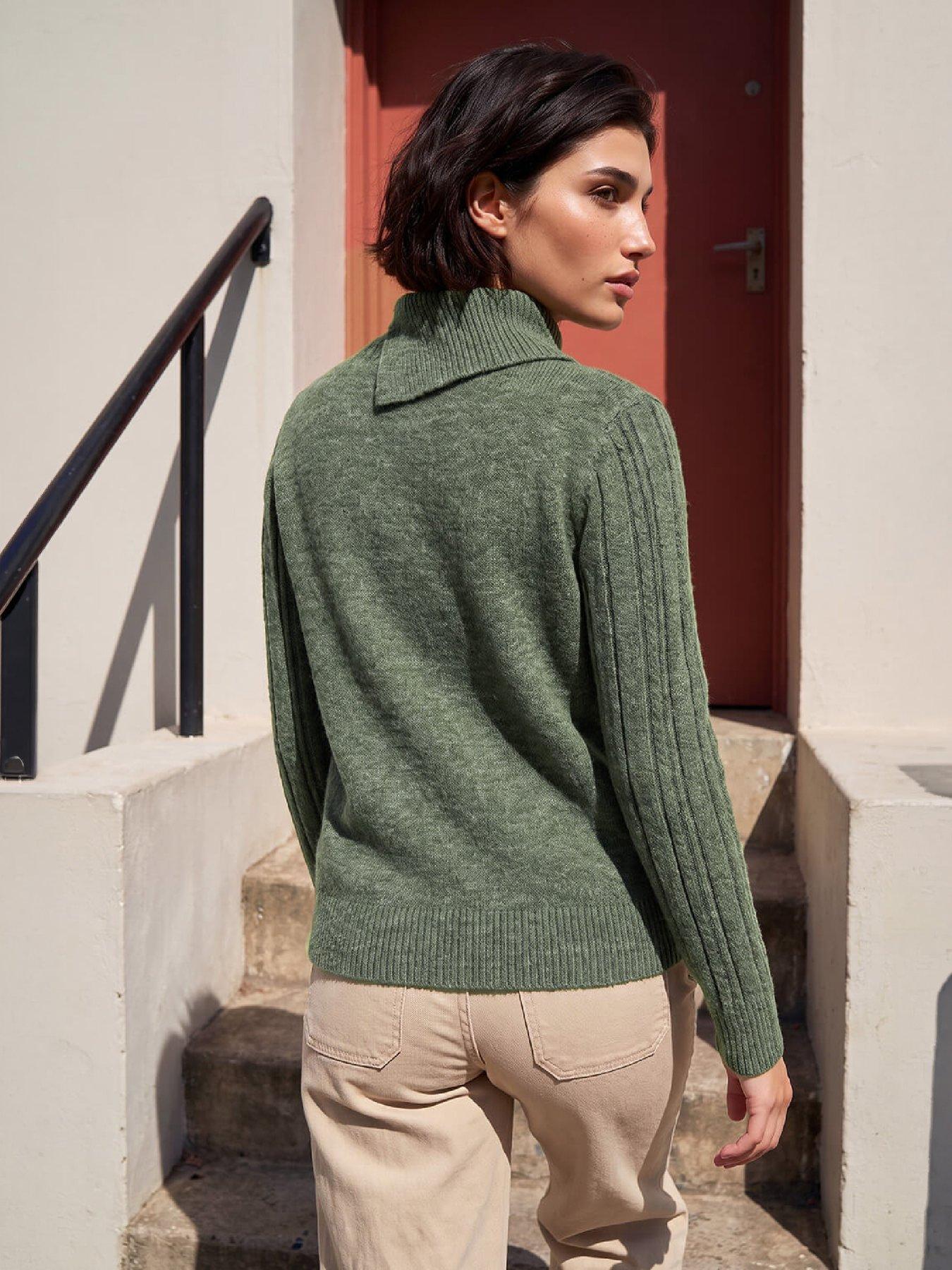Image 3 of 4 of Roman Womens Petite Button Neck Cable Knit Jumper - Green