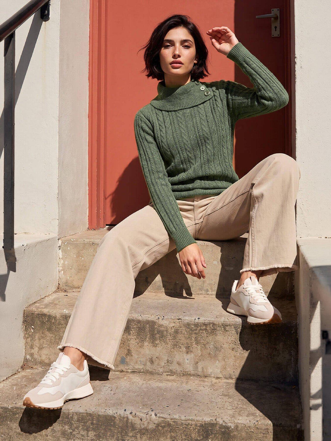 Image 4 of 4 of Roman Womens Petite Button Neck Cable Knit Jumper - Green