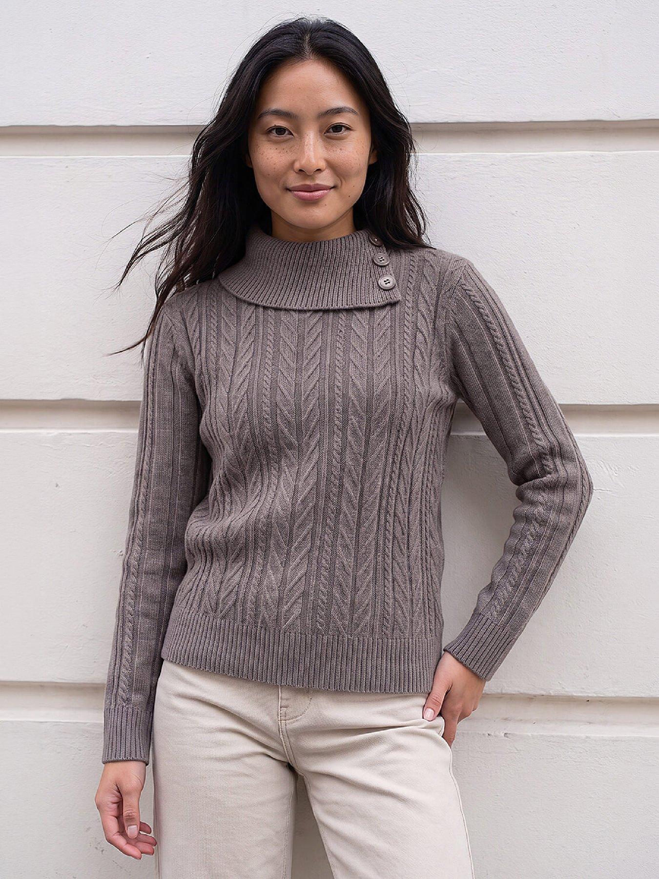 Image 1 of 4 of Roman Womens Petite Buttoned Roll Neck Cable Knit Jumper - Brown
