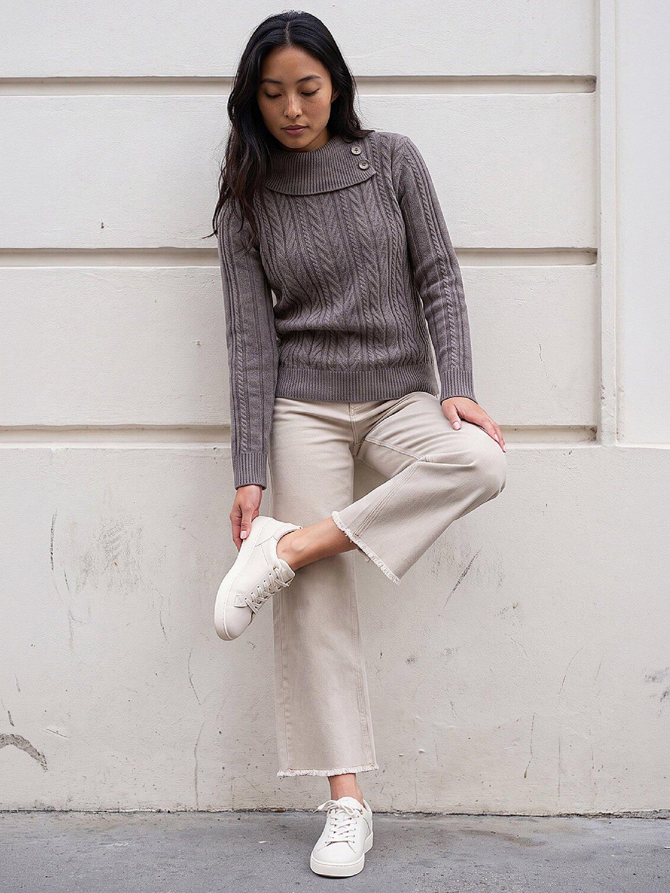Image 4 of 4 of Roman Womens Petite Buttoned Roll Neck Cable Knit Jumper - Brown