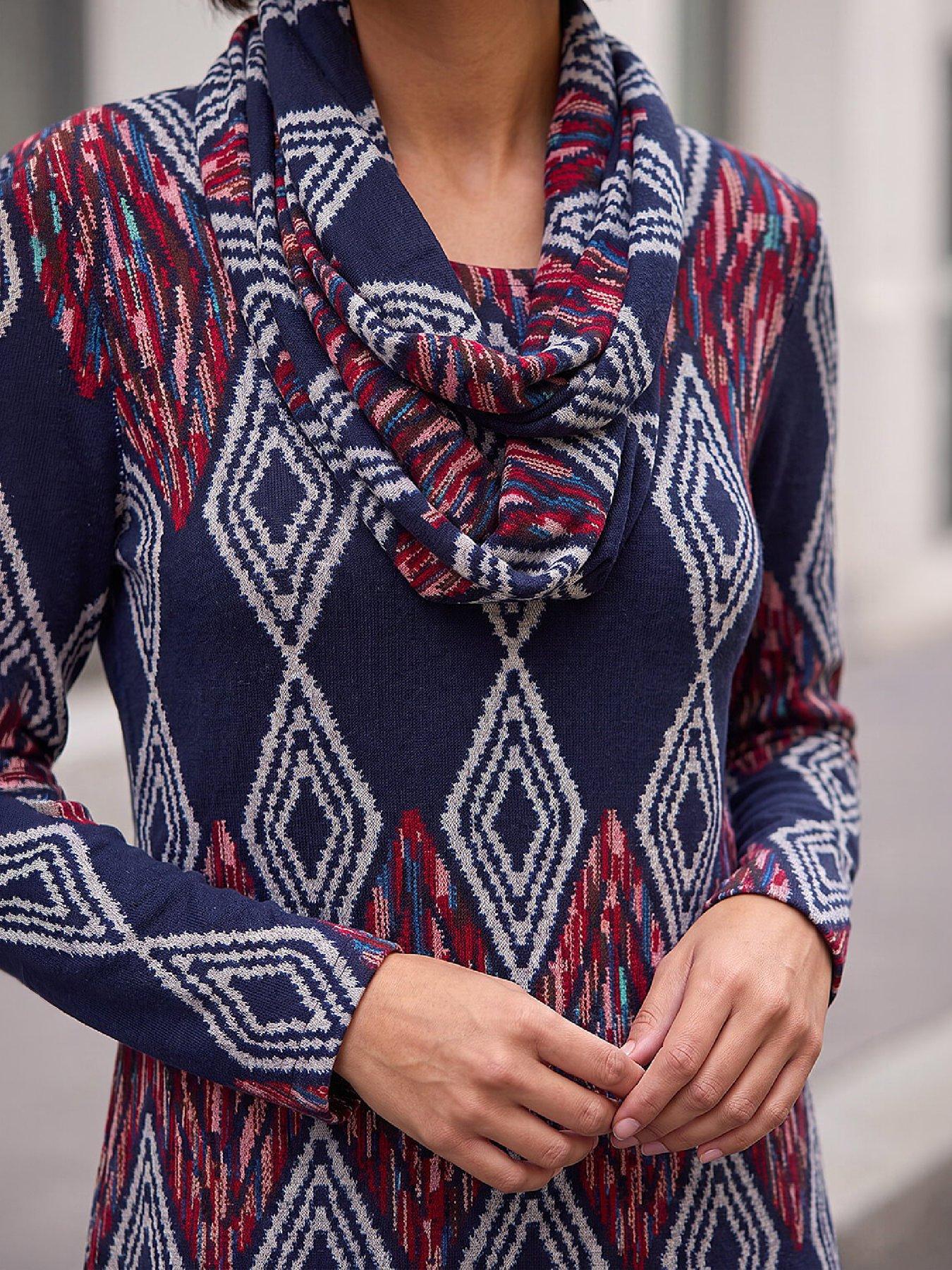 Image 2 of 4 of Roman Womens Longline Detachable Scarf Printed Tunic - Blue