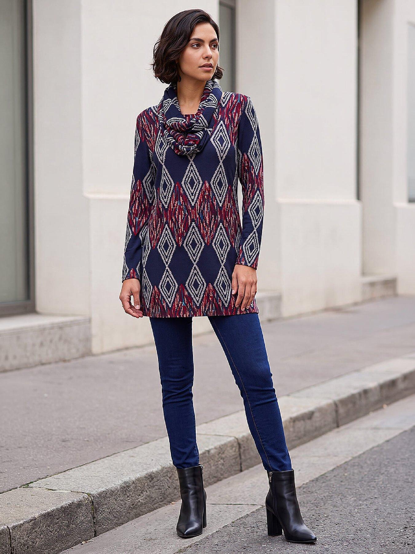 Image 4 of 4 of Roman Womens Longline Detachable Scarf Printed Tunic - Blue