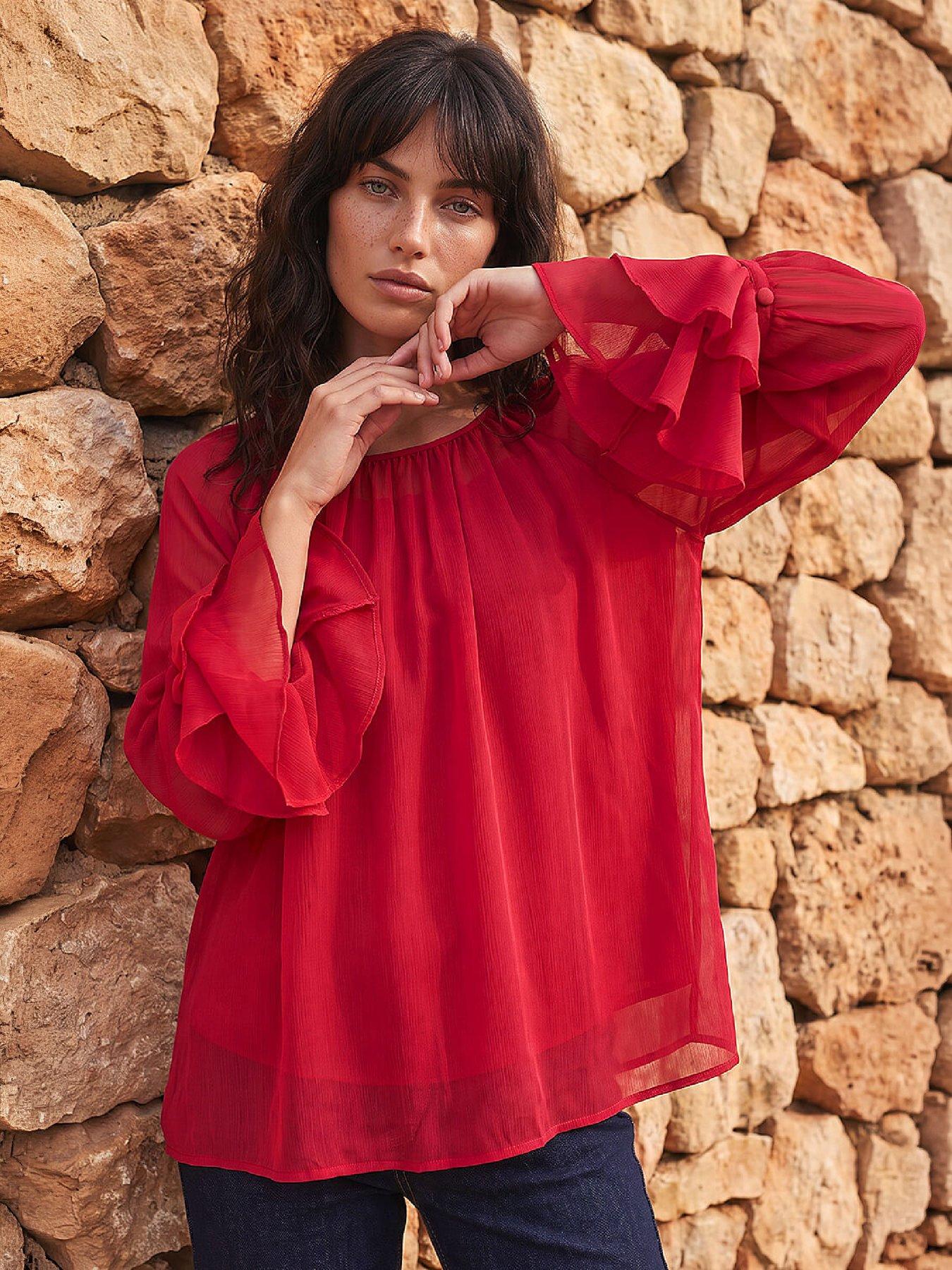 Image 1 of 4 of Roman Womens Textured Gathered Flared Sleeve Blouse - Pink