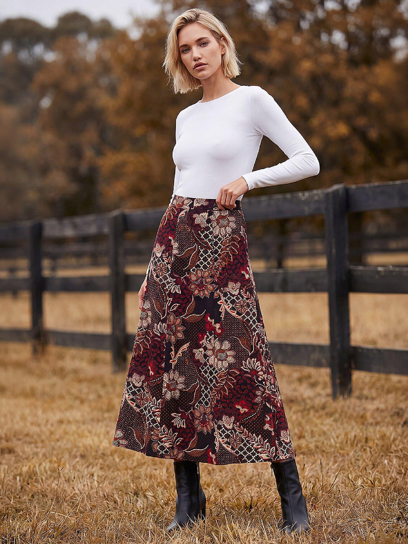 Image 4 of 4 of Roman Womens A-Line Stretch Midi Skirt - Red