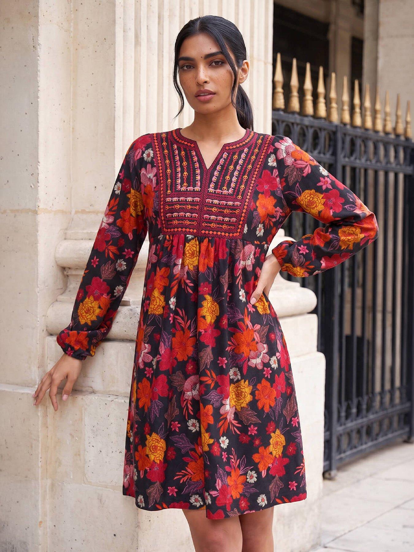Image 1 of 4 of Roman Womens Embroidered Bib V-Neck Long Sleeve Dress - Orange