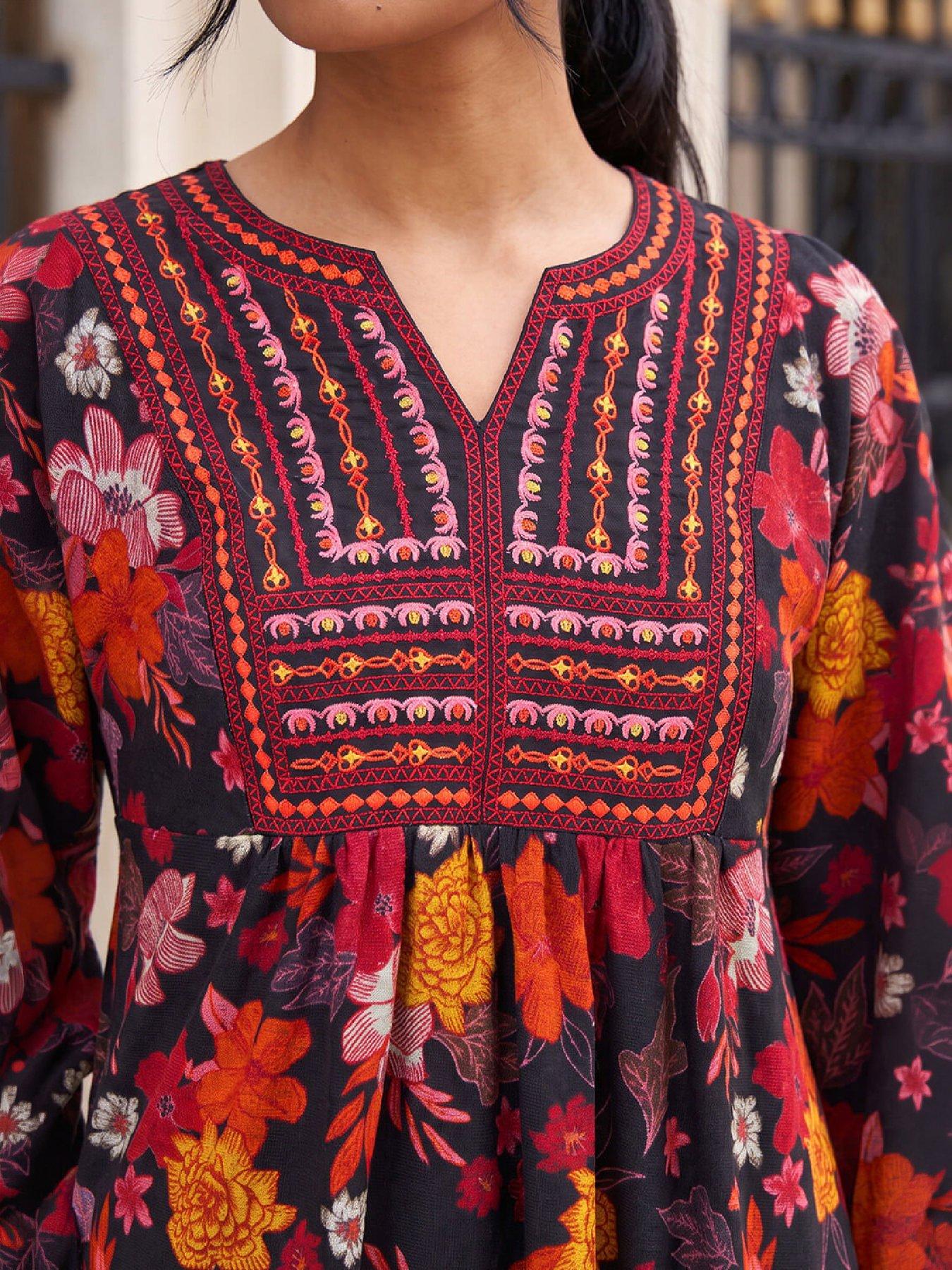Image 2 of 4 of Roman Womens Embroidered Bib V-Neck Long Sleeve Dress - Orange